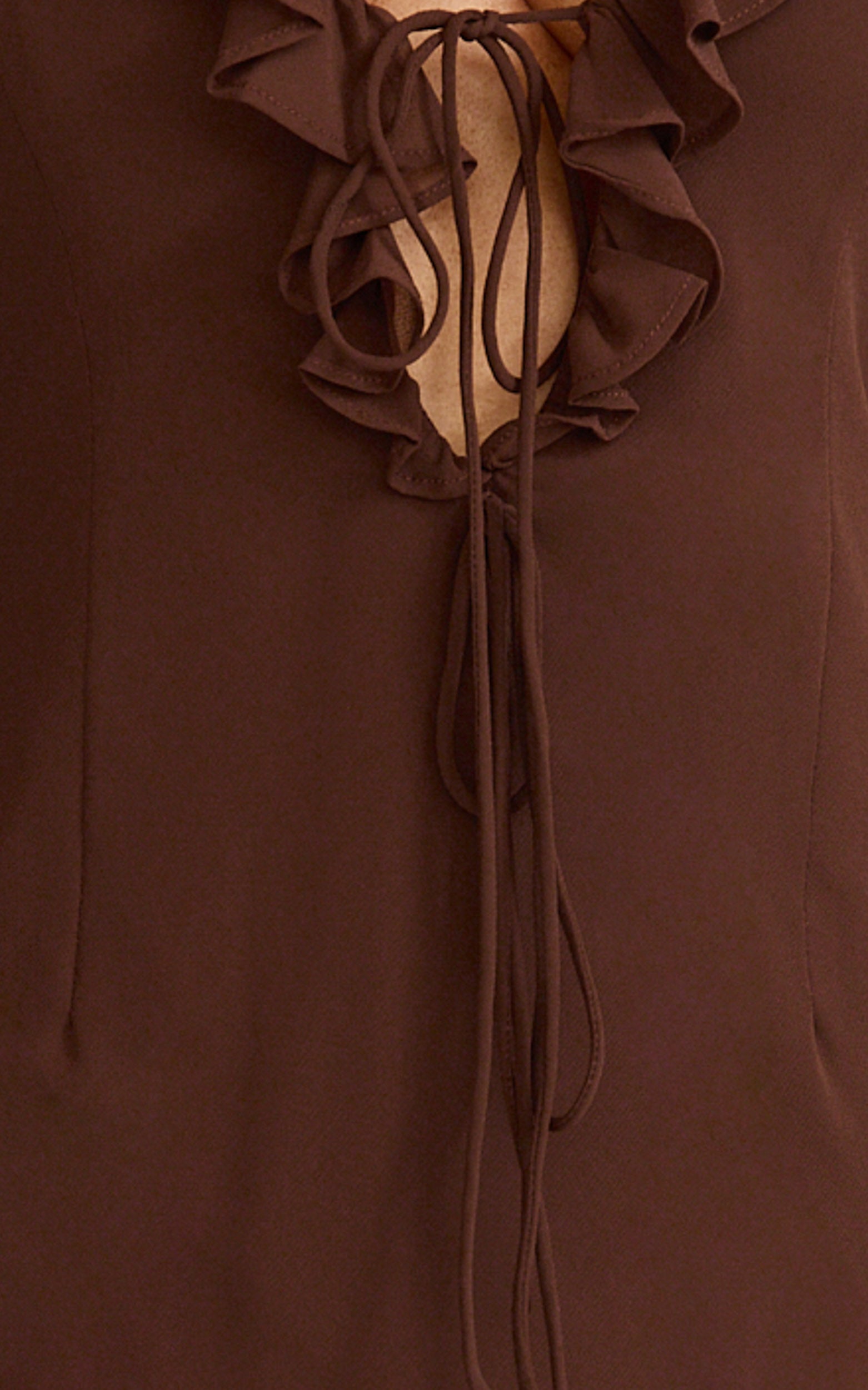 Alesya Mini Dress - Ruffle Plunge Neck Long Sleeve Tie Detail Dress in Chocolate - View 6