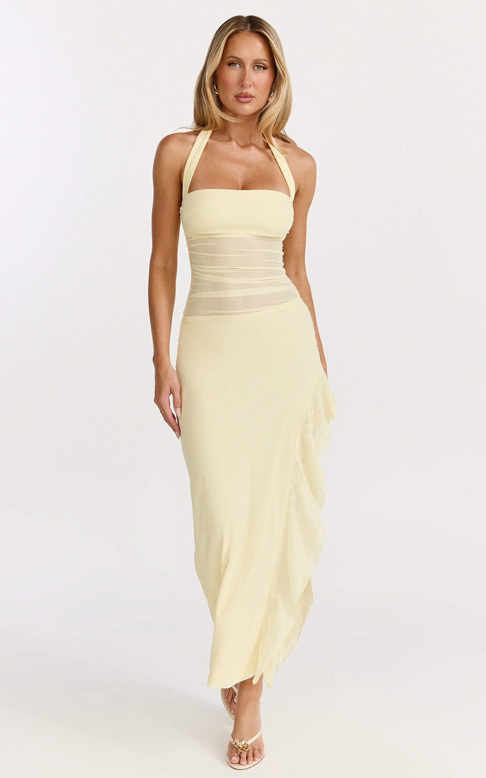 Almarie Midi Dress - Halter Neck Mesh Dress in Lemon - View 3