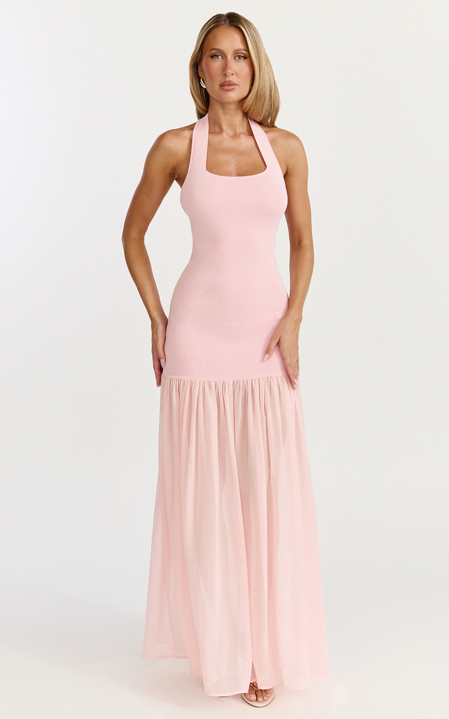 Barbara Maxi Dress - Halter Scoop Neck Contrast Georgette Dress in Pink - View 3