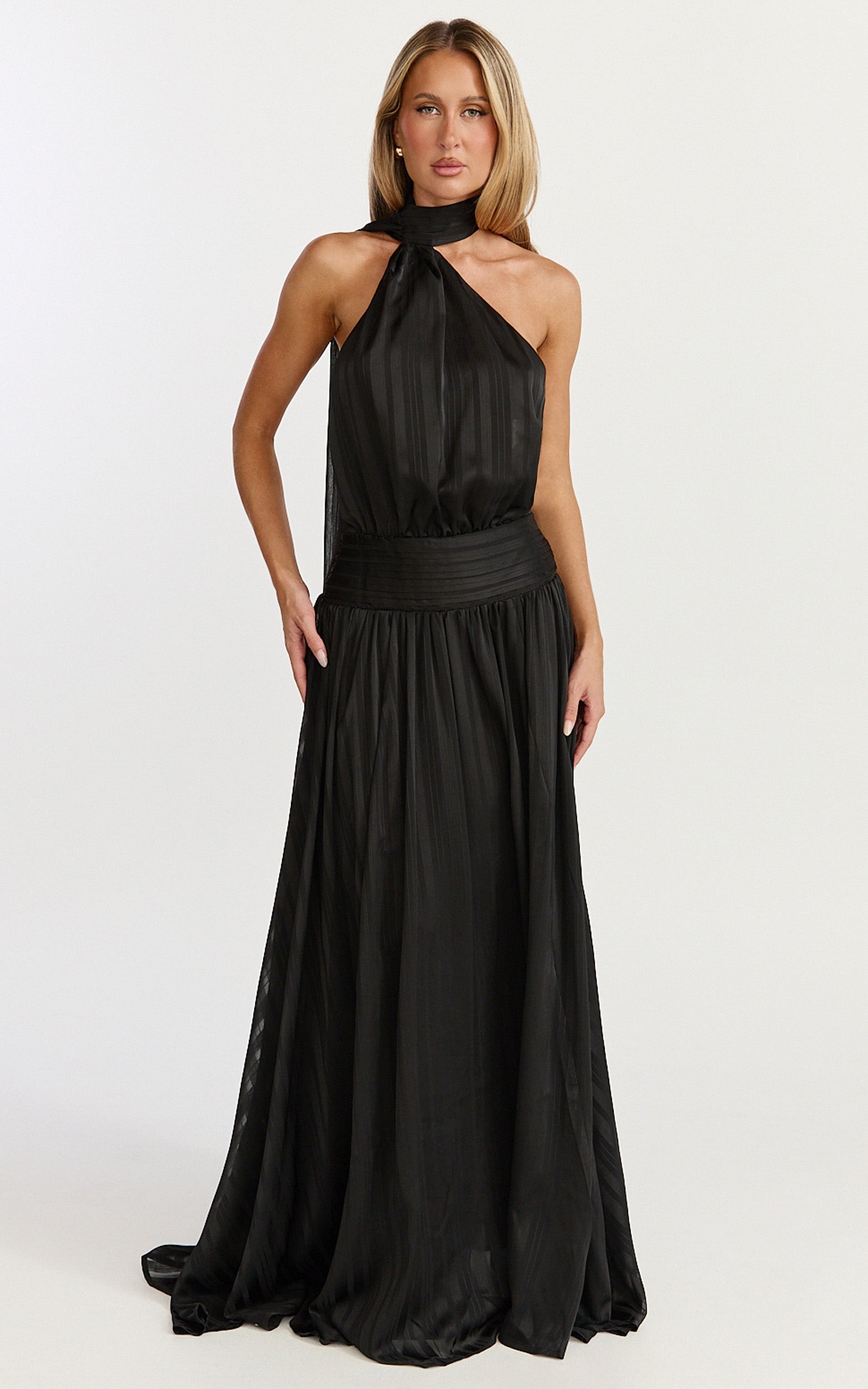 Mirabelle Maxi Dress - Scarf Neck Backless High Low Dress in Black - View 1