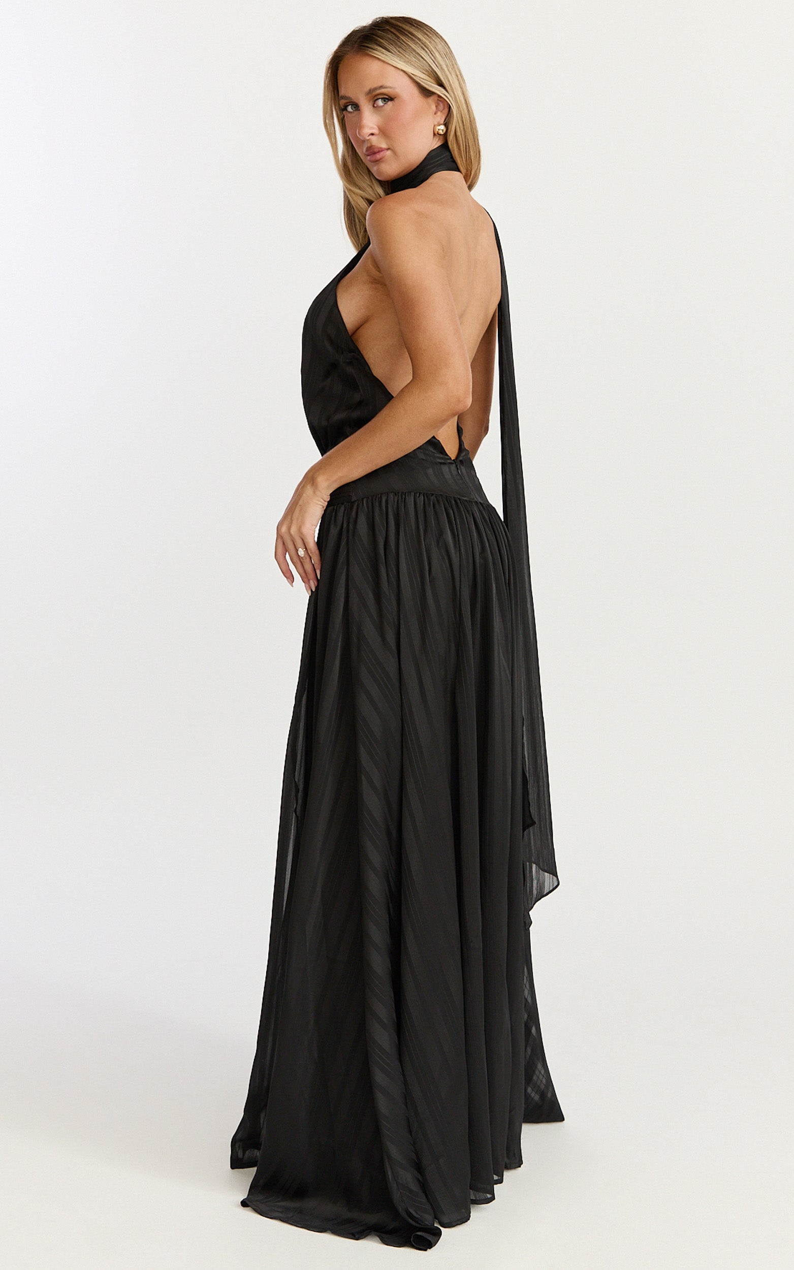 Mirabelle Maxi Dress - Scarf Neck Backless High Low Dress in Black - View 2