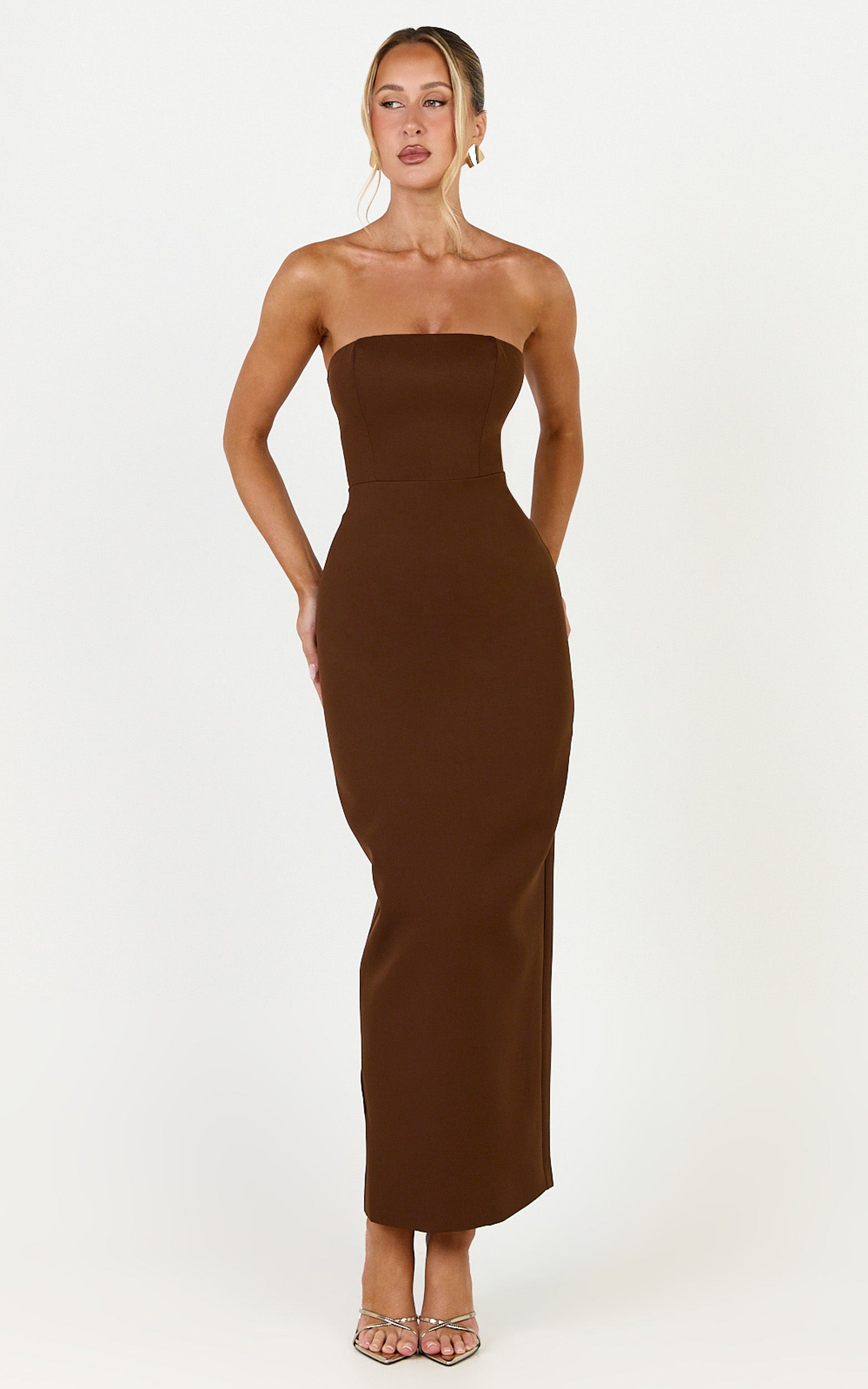 Dessa Midi Dress - Strapless Column Dress in Chocolate - View 4