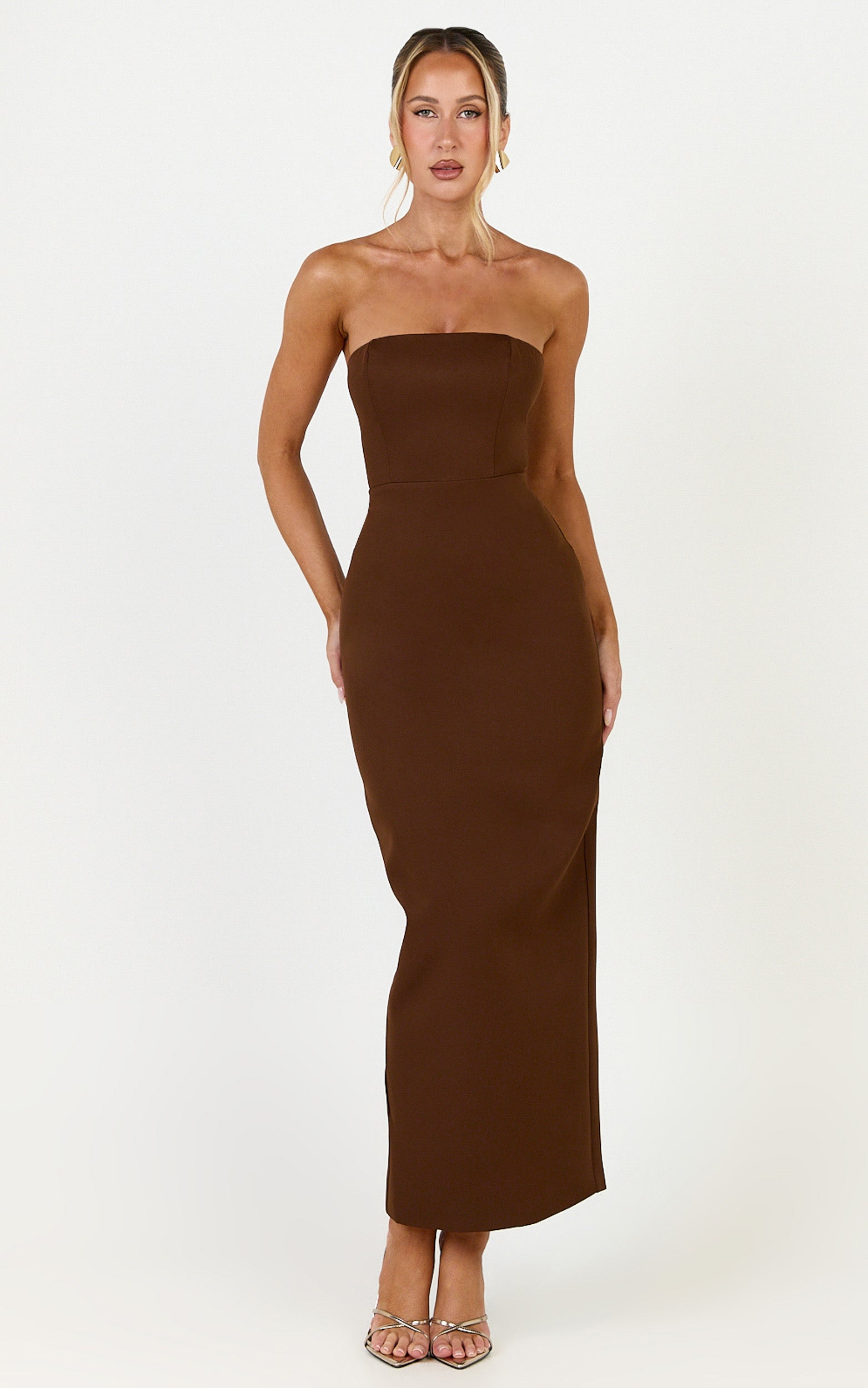 Dessa Midi Dress - Strapless Column Dress in Chocolate - View 3