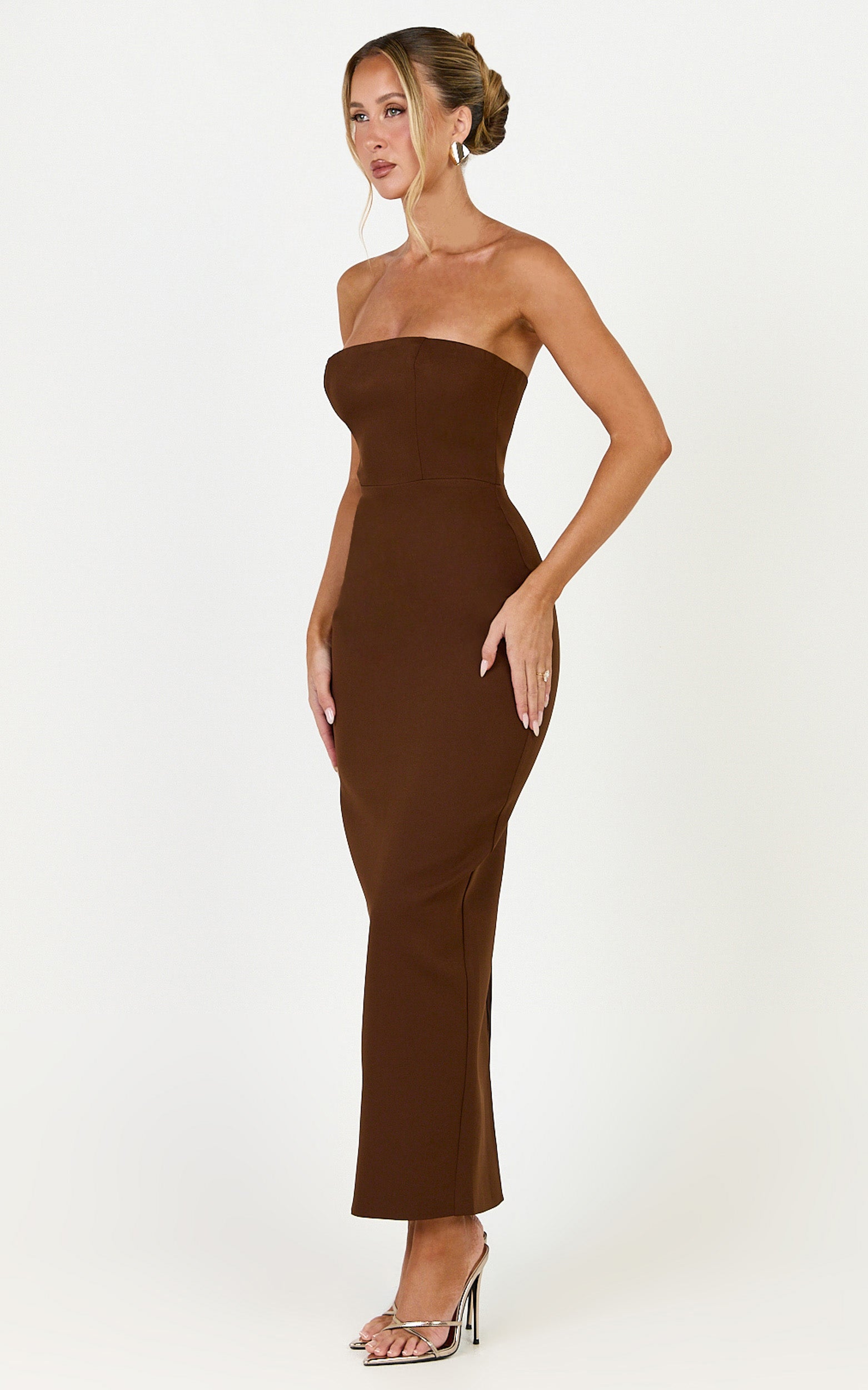 Dessa Midi Dress - Strapless Column Dress in Chocolate - View 2