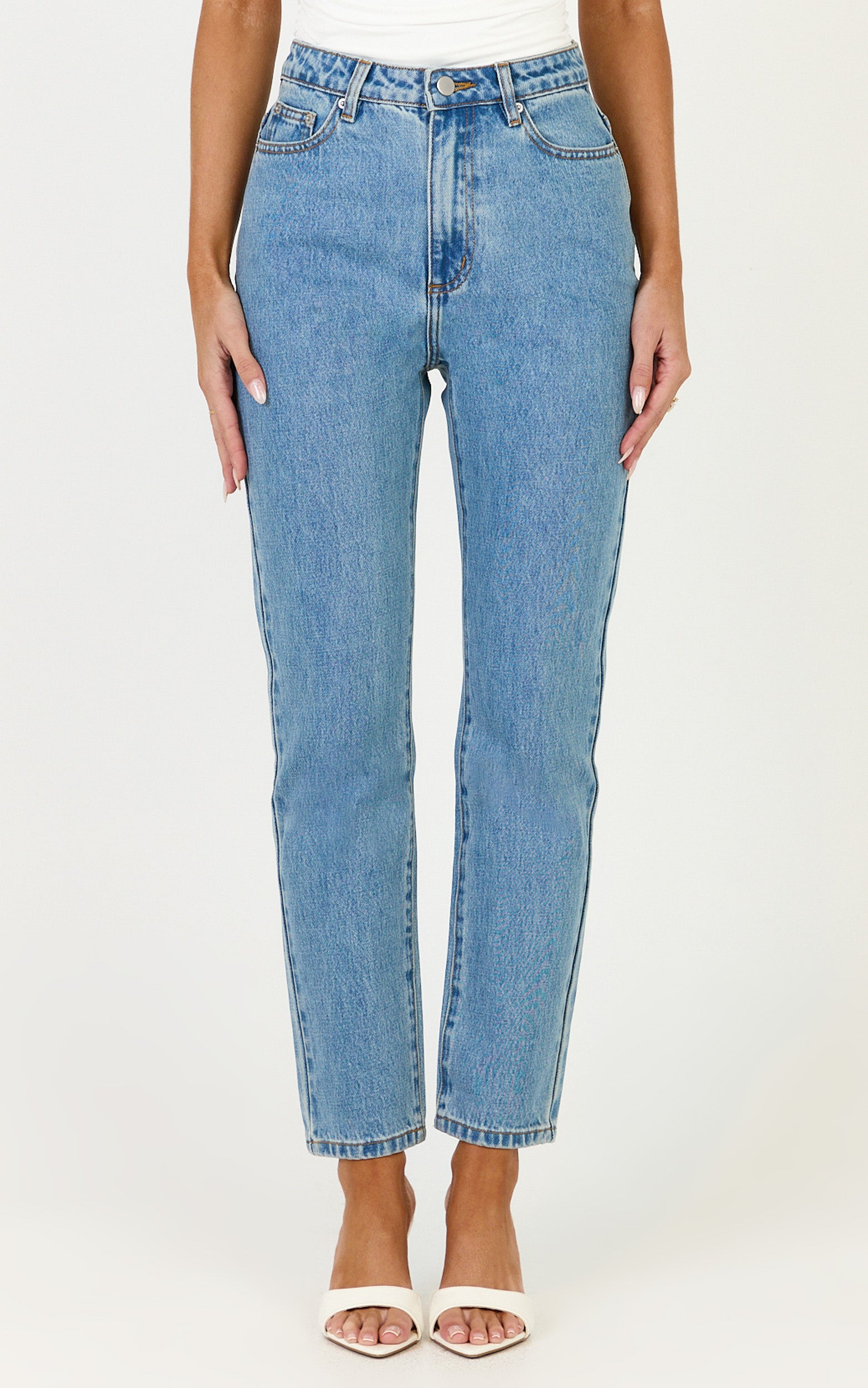 Billie Jeans - High Waisted Recycled Cotton Mom Denim Jeans in Light Mid Blue - View 2