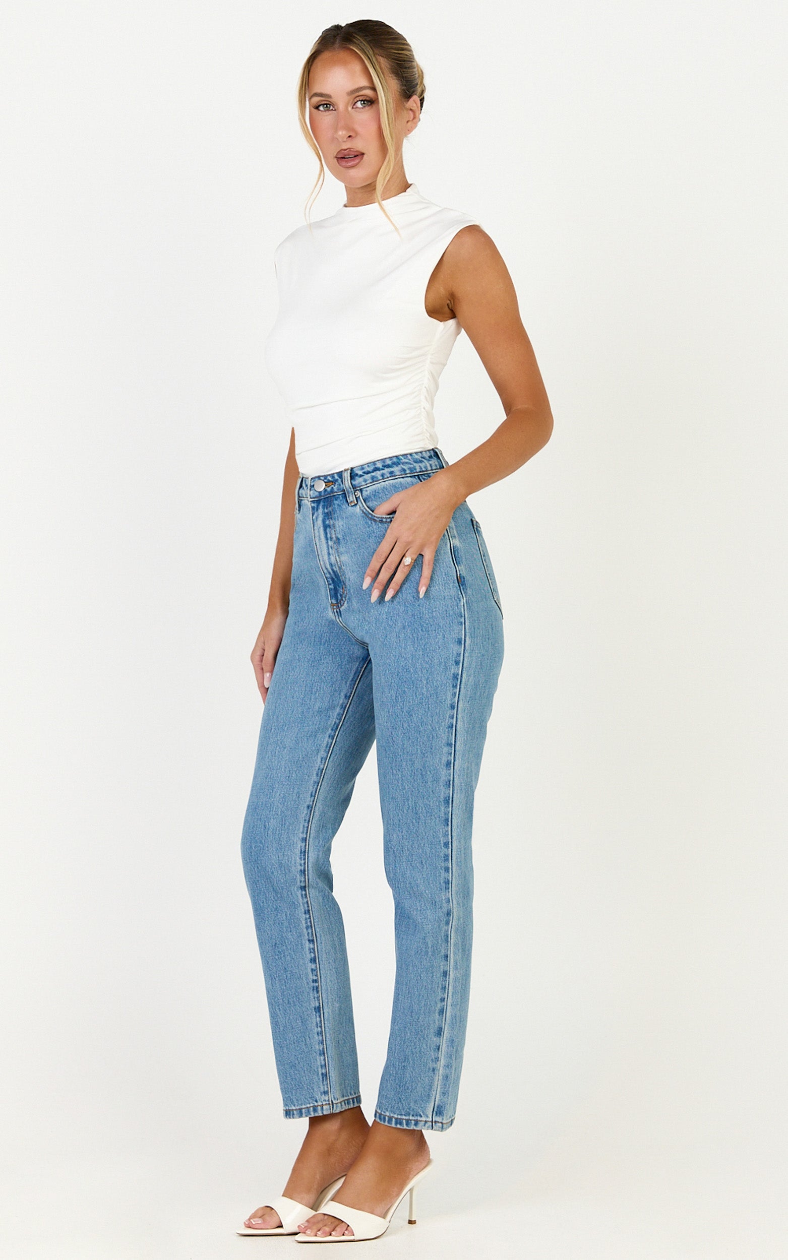 Billie Jeans - High Waisted Recycled Cotton Mom Denim Jeans in Light Mid Blue - View 4