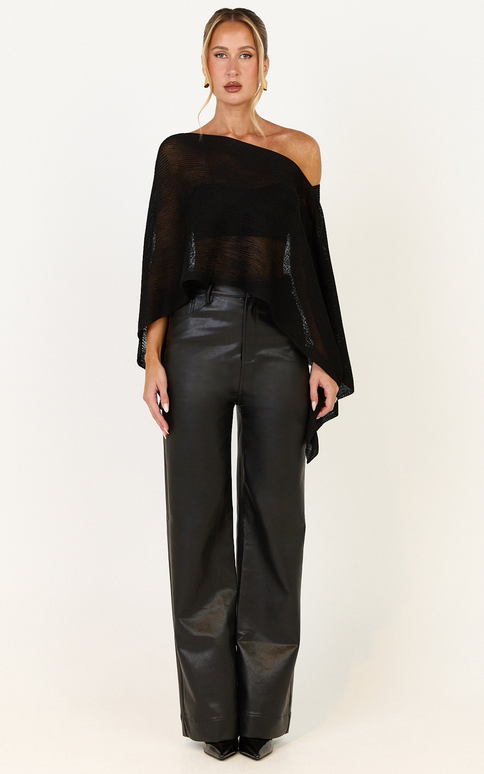 Amarie Top - Sheer Knit Off Shoulder Cape Top in Black - View 2