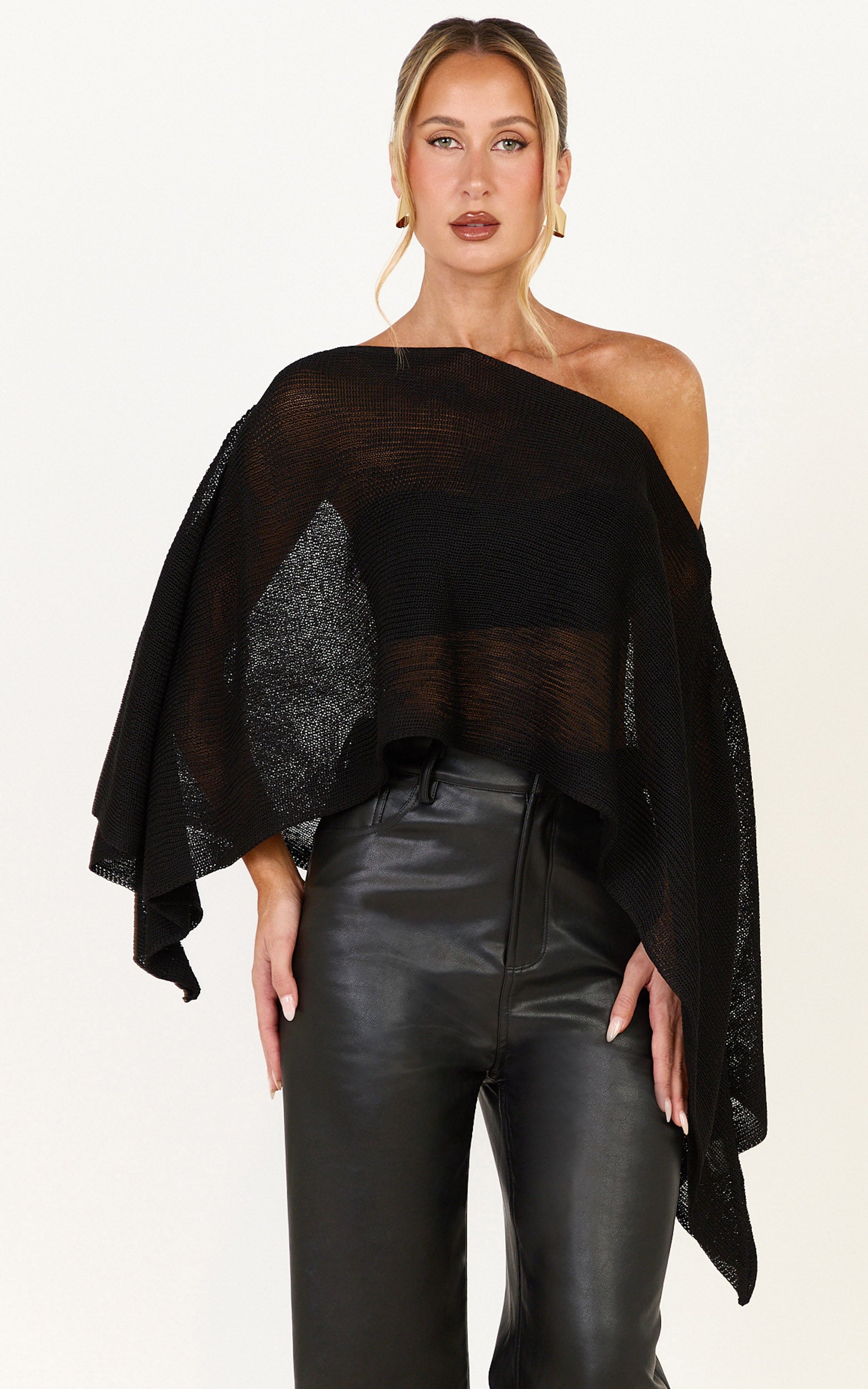 Amarie Top - Sheer Knit Off Shoulder Cape Top in Black - View 3