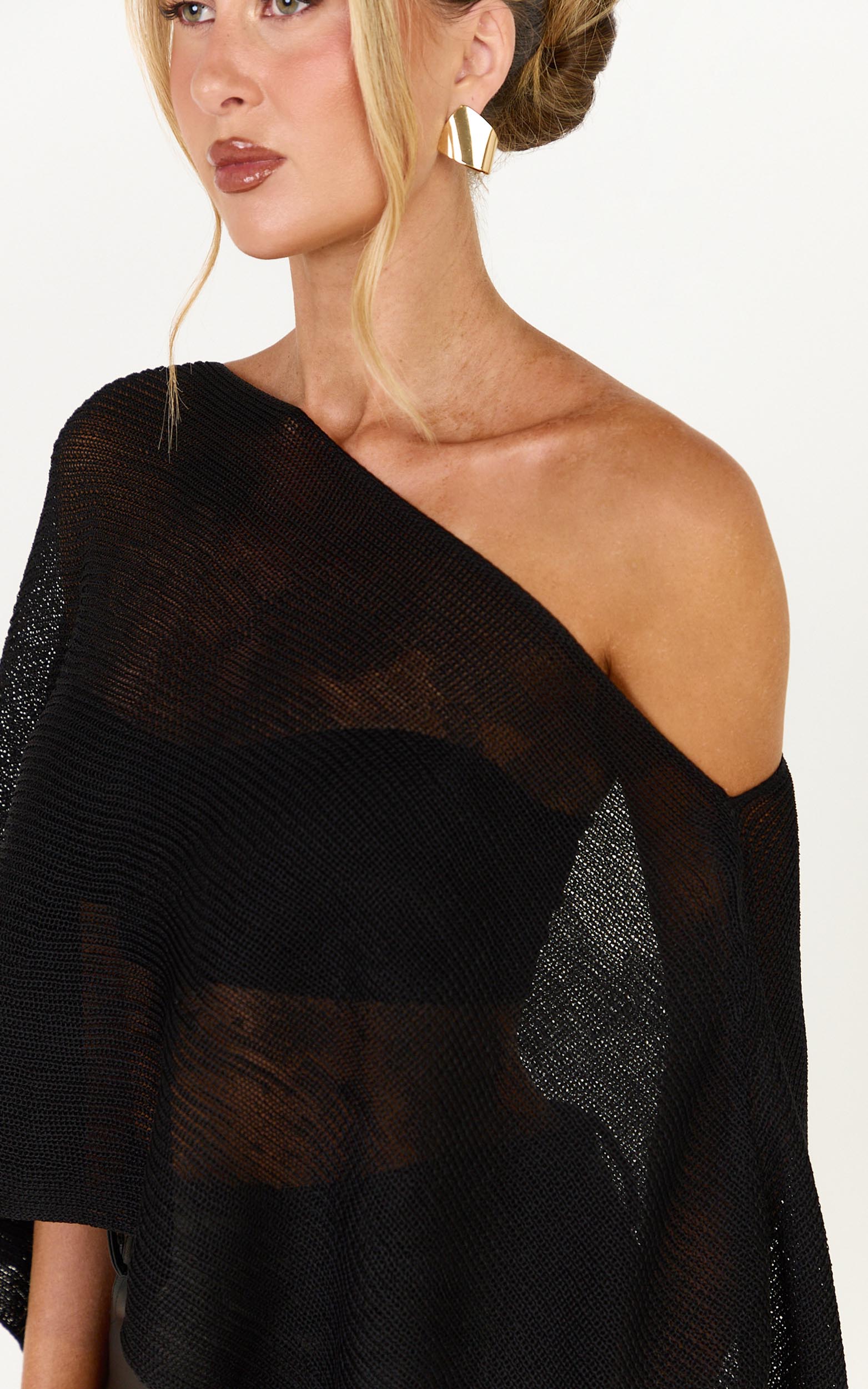 Amarie Top - Sheer Knit Off Shoulder Cape Top in Black - View 6