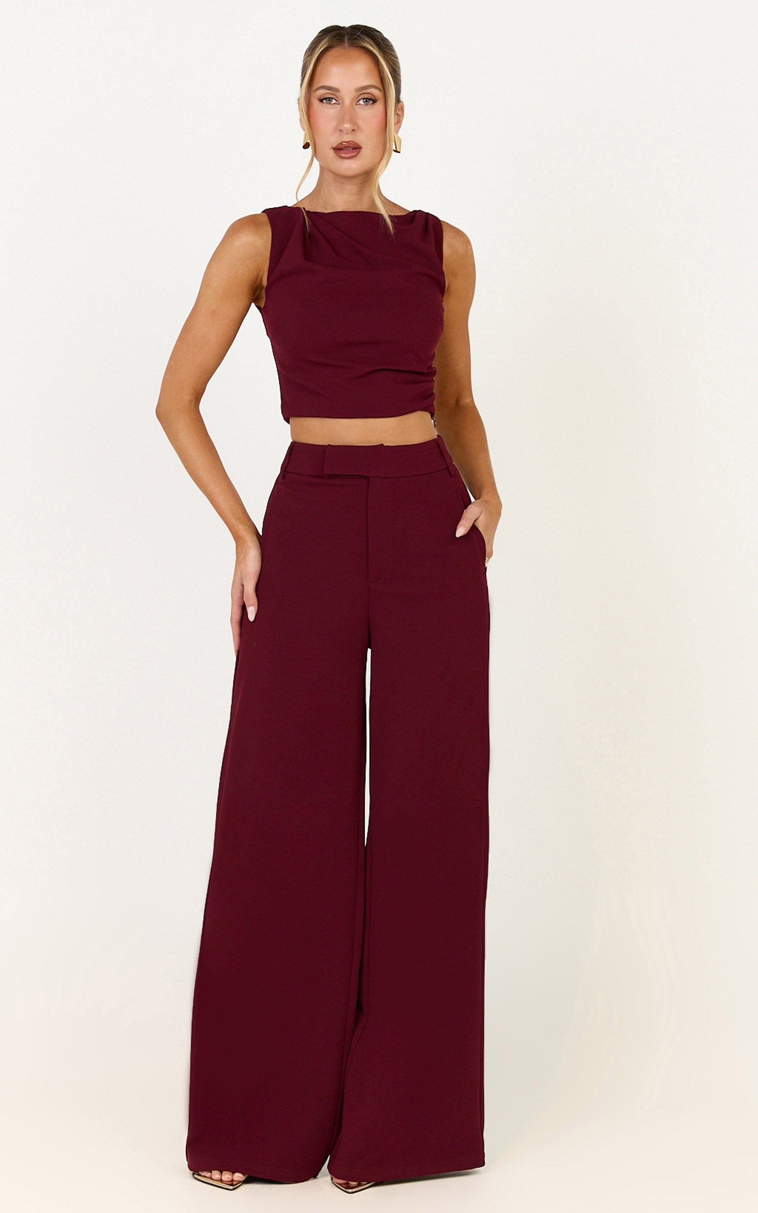 Helen Two Piece Set - Crepe Twisted Top And Wide Leg Pants in Wine - View 3