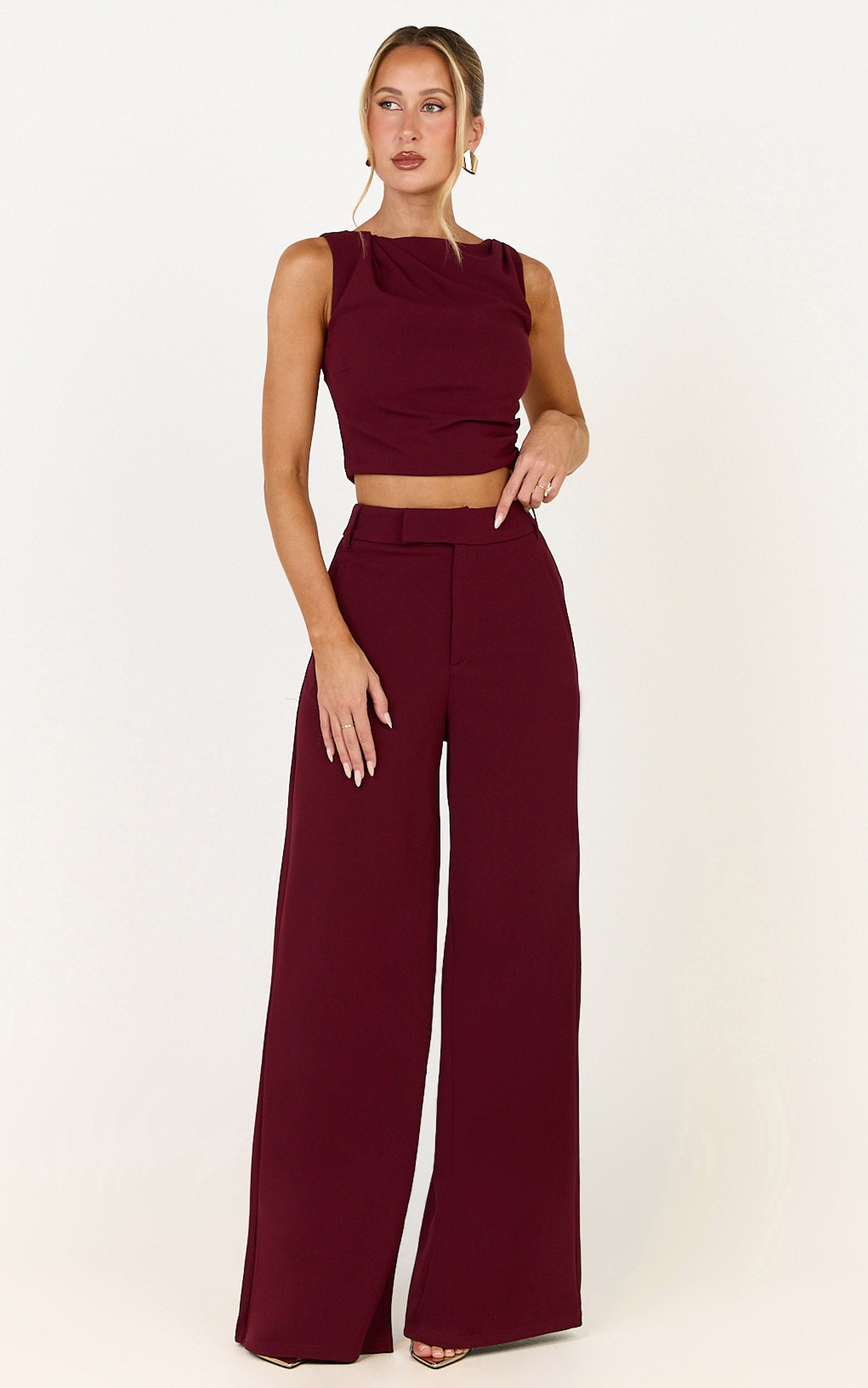 Helen Two Piece Set - Crepe Twisted Top And Wide Leg Pants in Wine - View 4