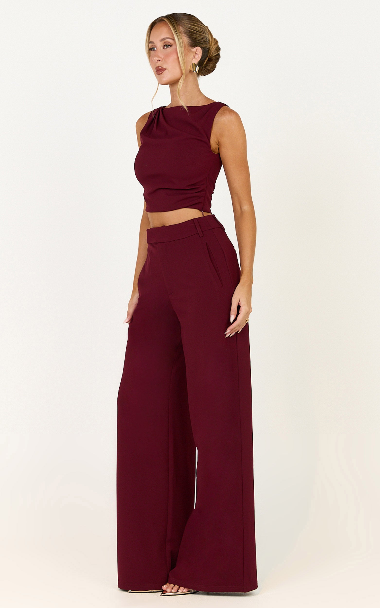 Helen Two Piece Set - Crepe Twisted Top And Wide Leg Pants in Wine - View 2