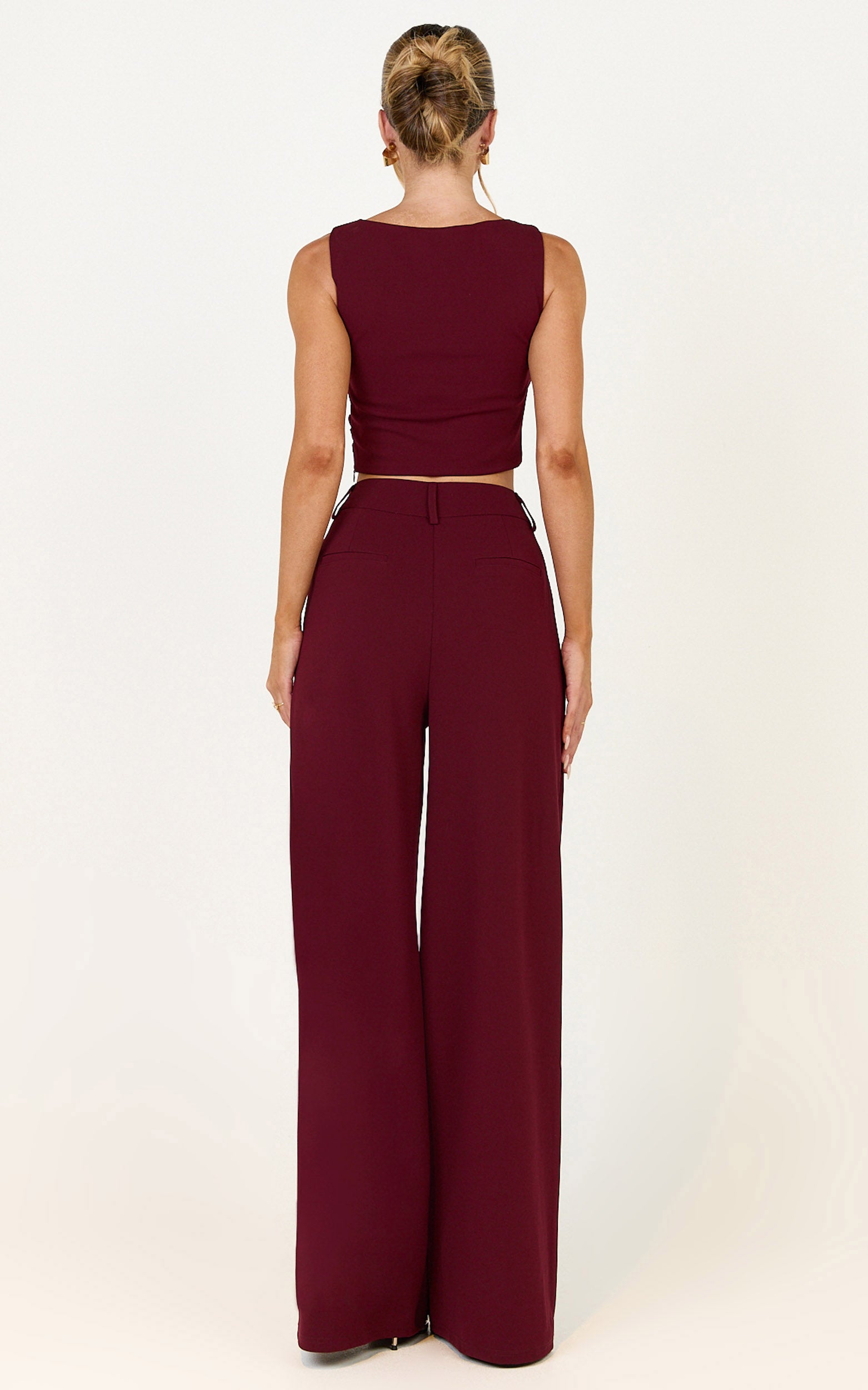 Helen Two Piece Set - Crepe Twisted Top And Wide Leg Pants in Wine - View 5