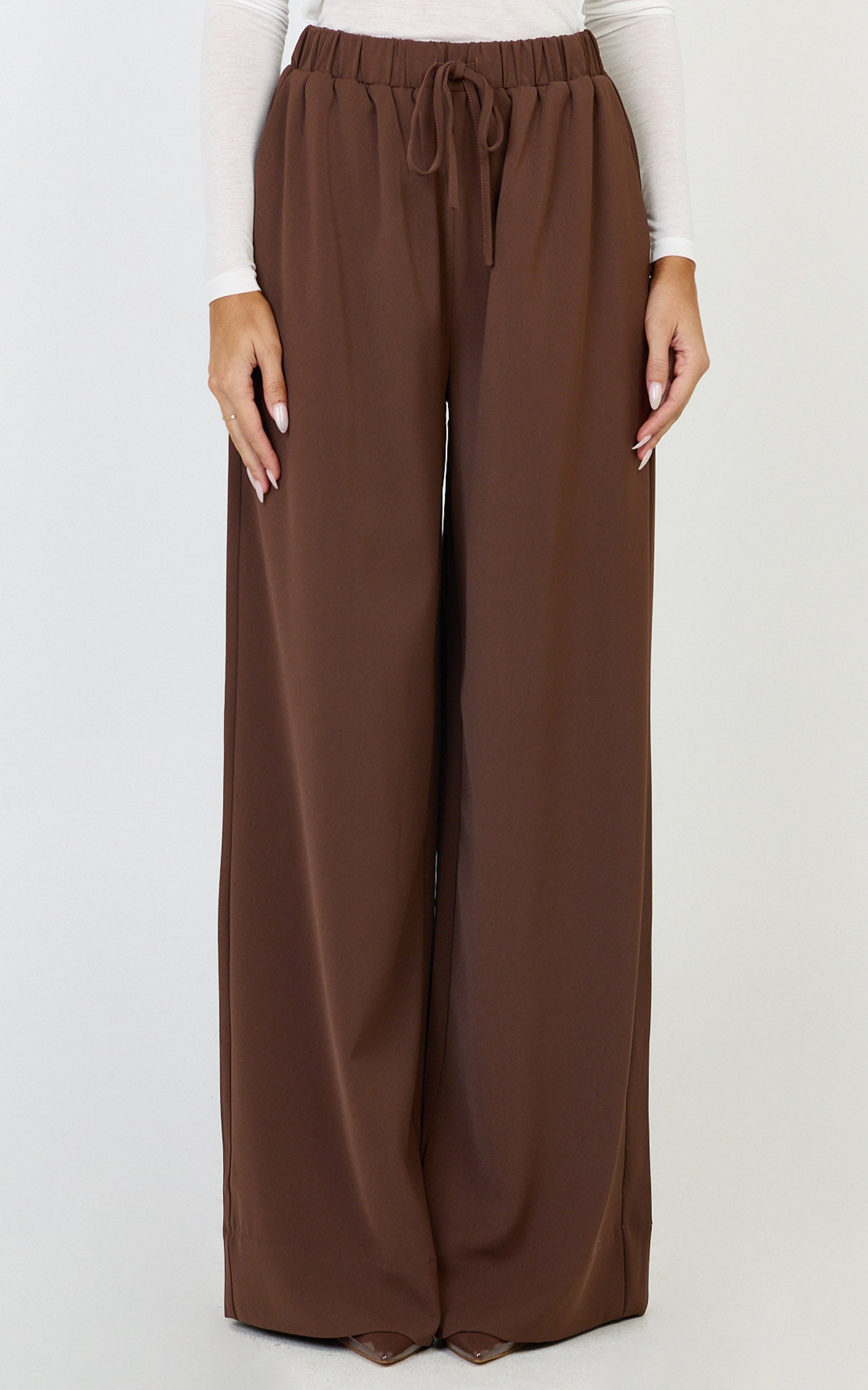 Nicole Pants - High Waist Elasticated Gathered Waist Wide Leg Pants in Mocha - View 3