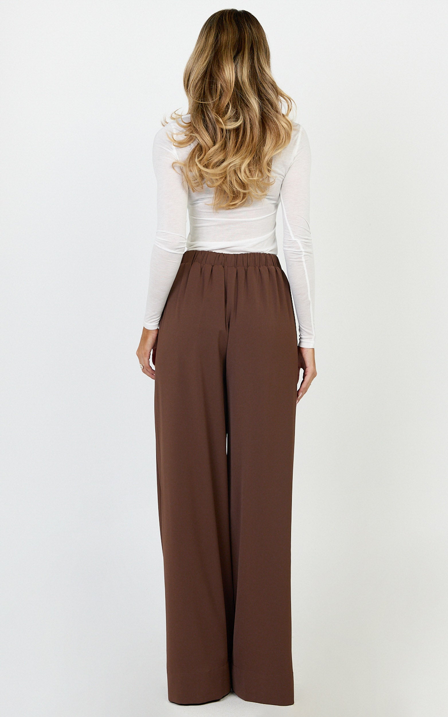 Nicole Pants - High Waist Elasticated Gathered Waist Wide Leg Pants in Mocha - View 8