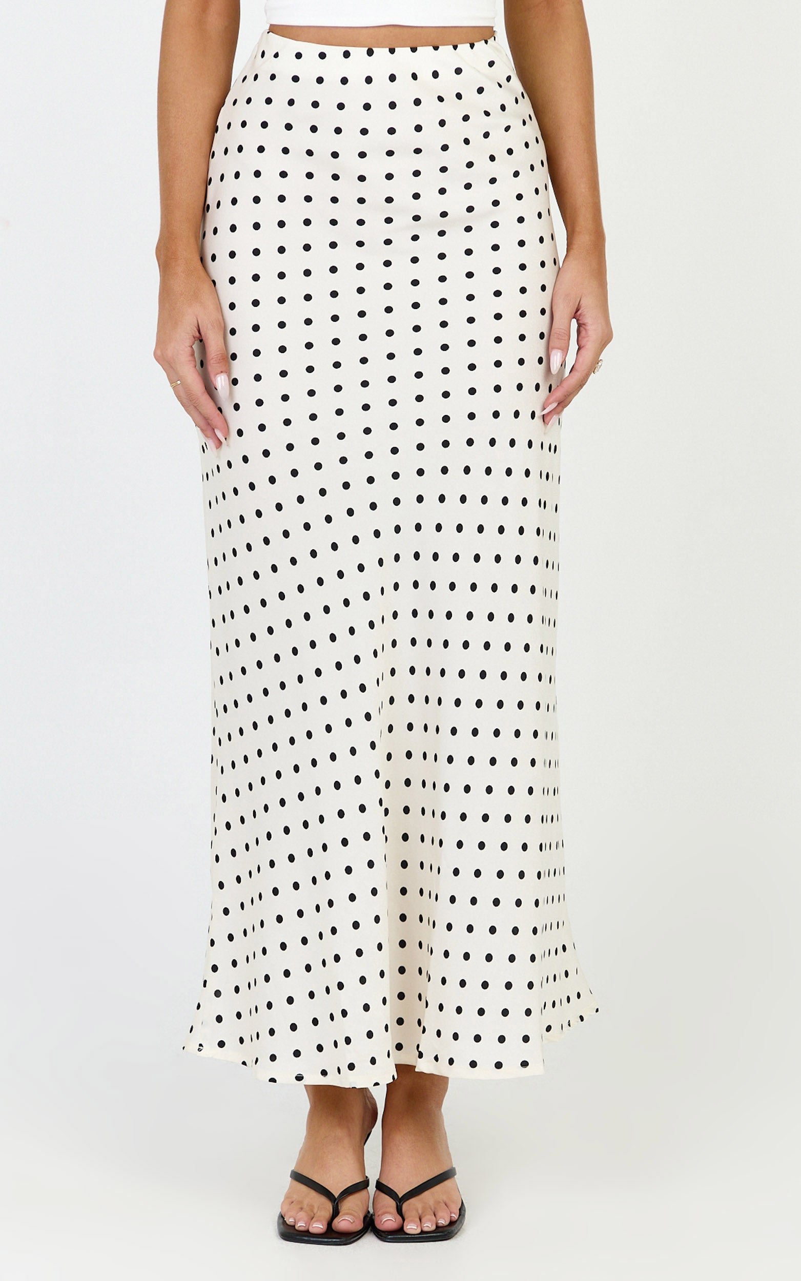 Amari Maxi Skirt - High Waisted Bias Cut Skirt in Cream and Black Polka - View 7