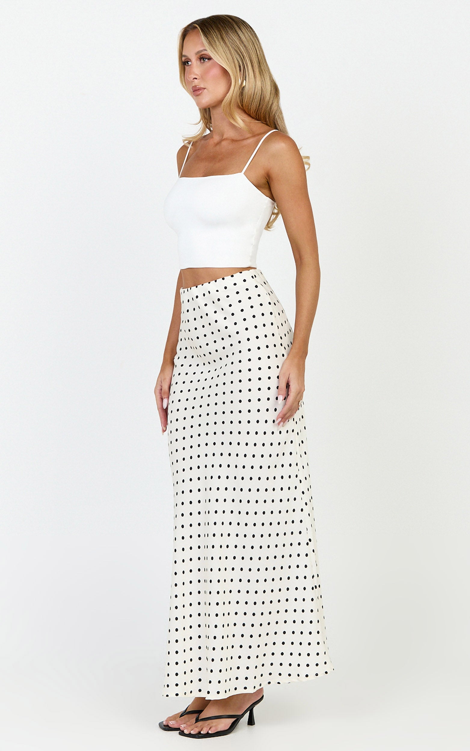 Amari Maxi Skirt - High Waisted Bias Cut Skirt in Cream and Black Polka - View 5