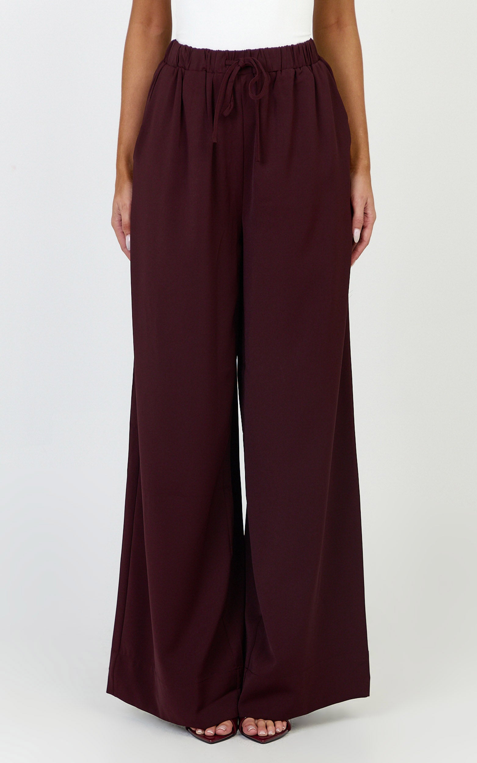 Nicole Pants - High Waist Elasticated Gathered Waist Wide Leg Pants in Wine - View 2