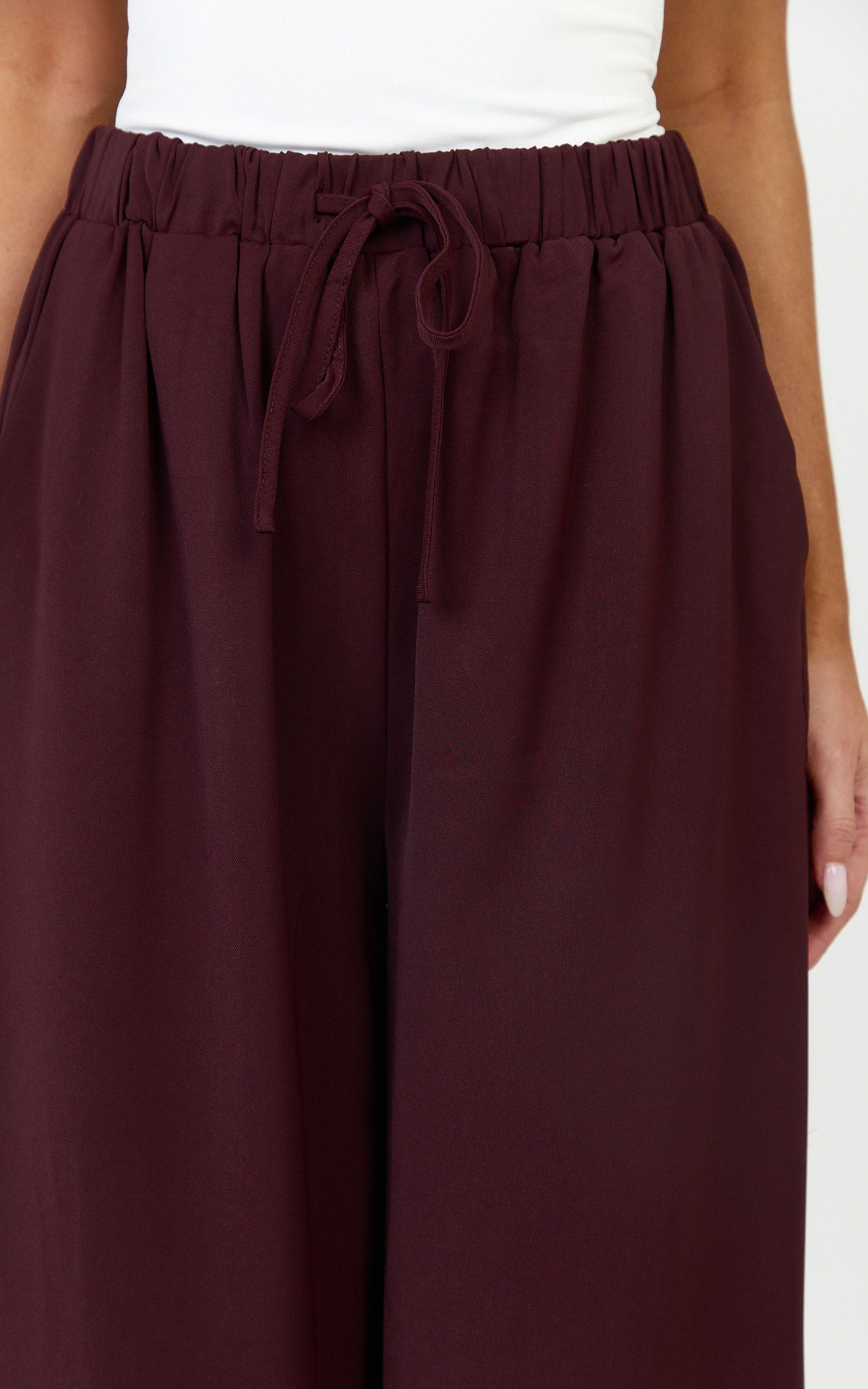 Nicole Pants - High Waist Elasticated Gathered Waist Wide Leg Pants in Wine - View 6