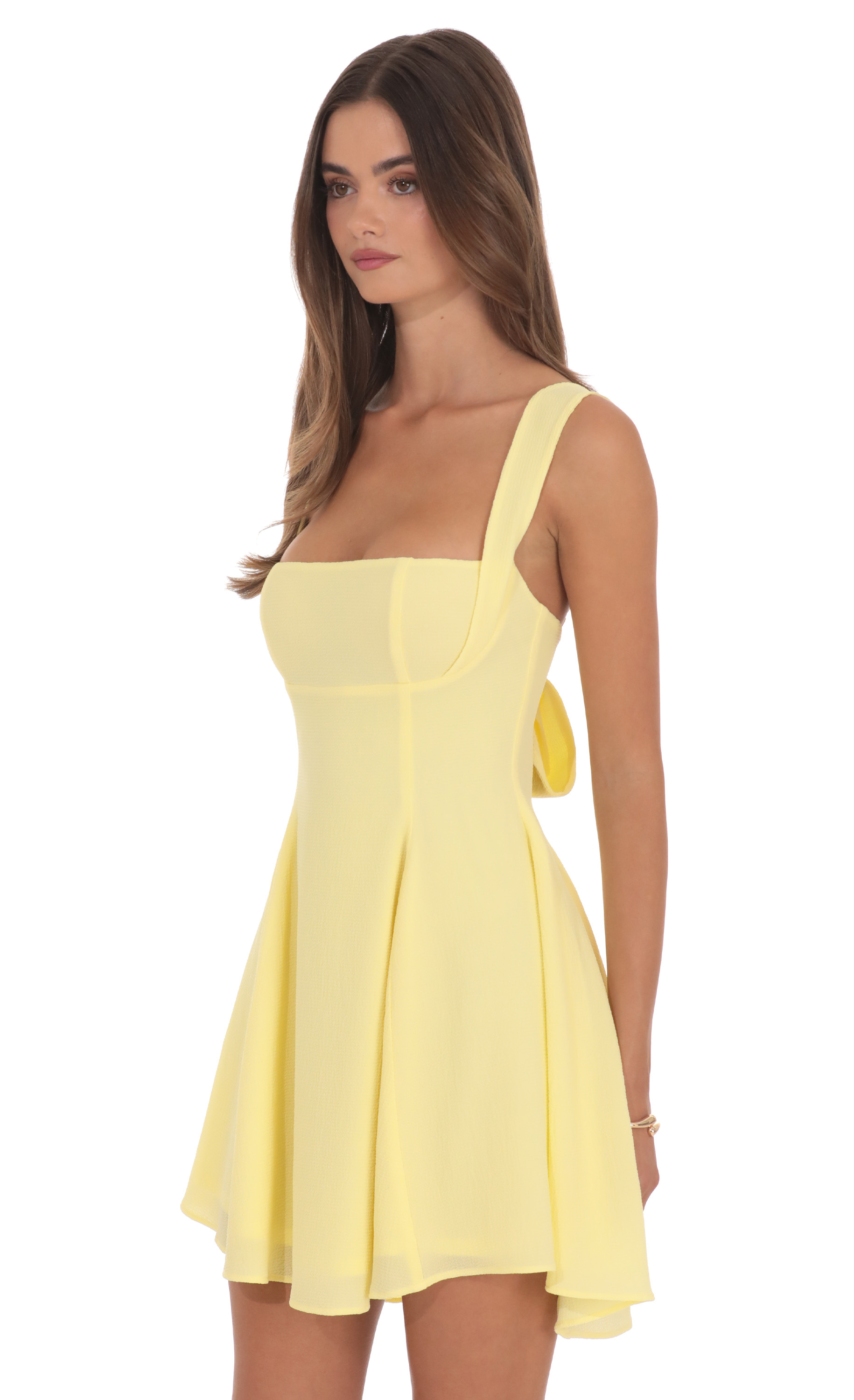 Back Bow Fit and Flare Dress in Pastel Yellow - View 3