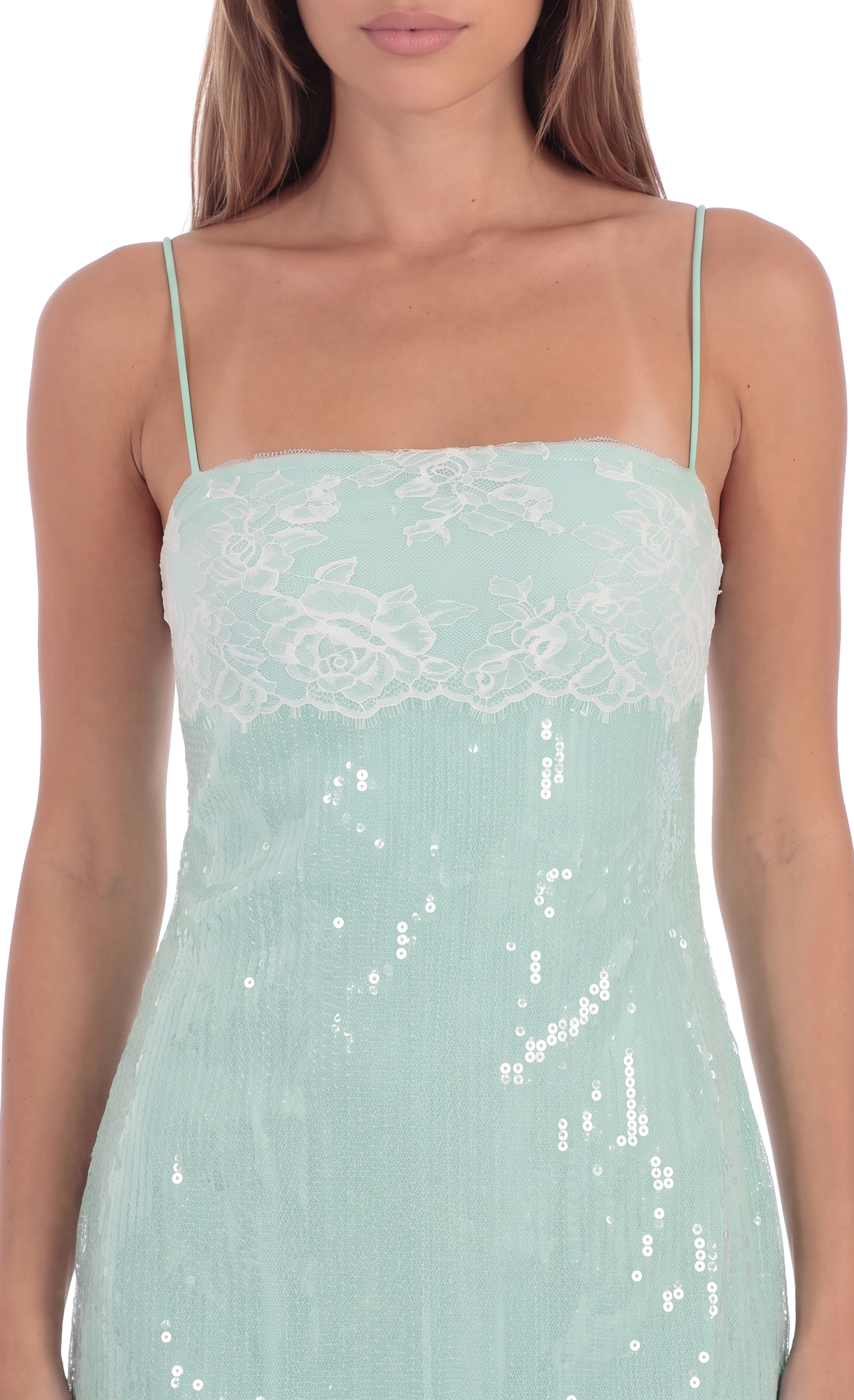Sequin Lace Bust Mini Dress in Mint - view 5
