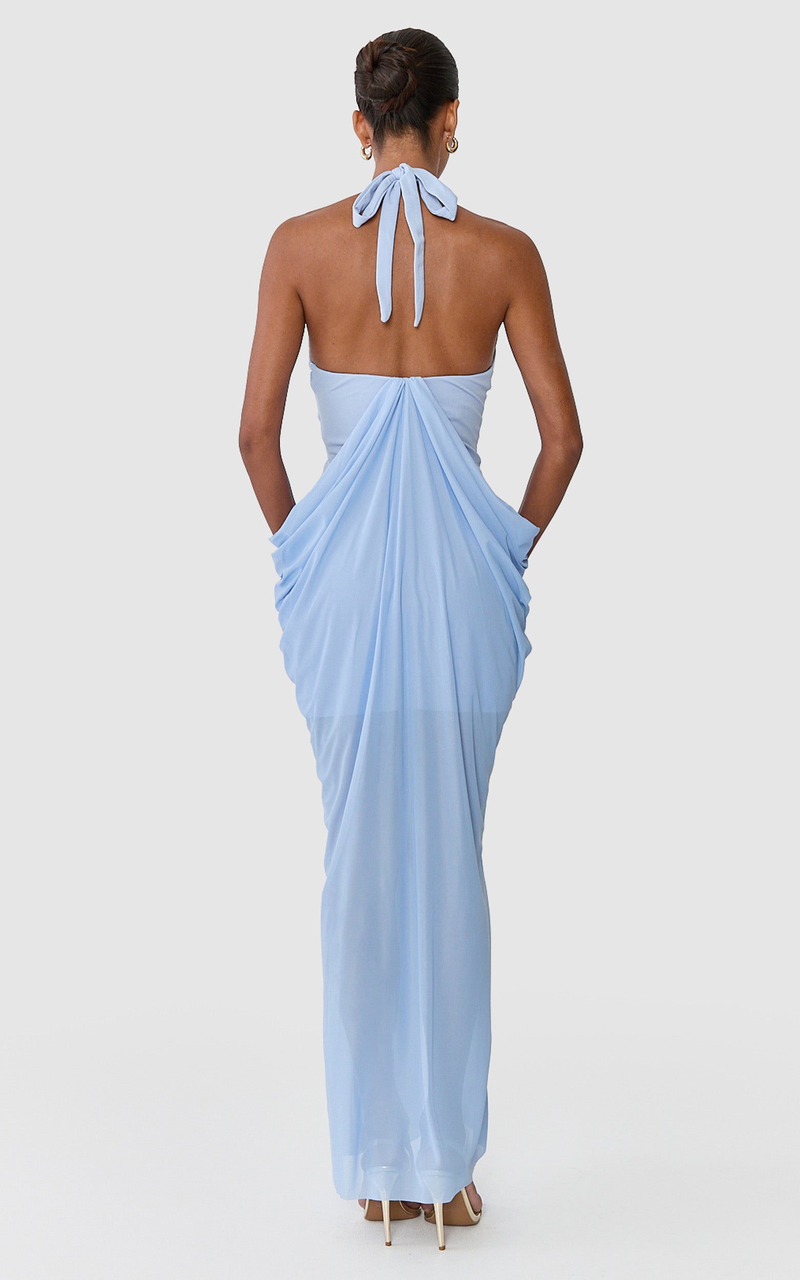 Araminta Maxi Dress - Halter Neck Draped Sheer Cocoon Skirt Dress in Blue - View 6