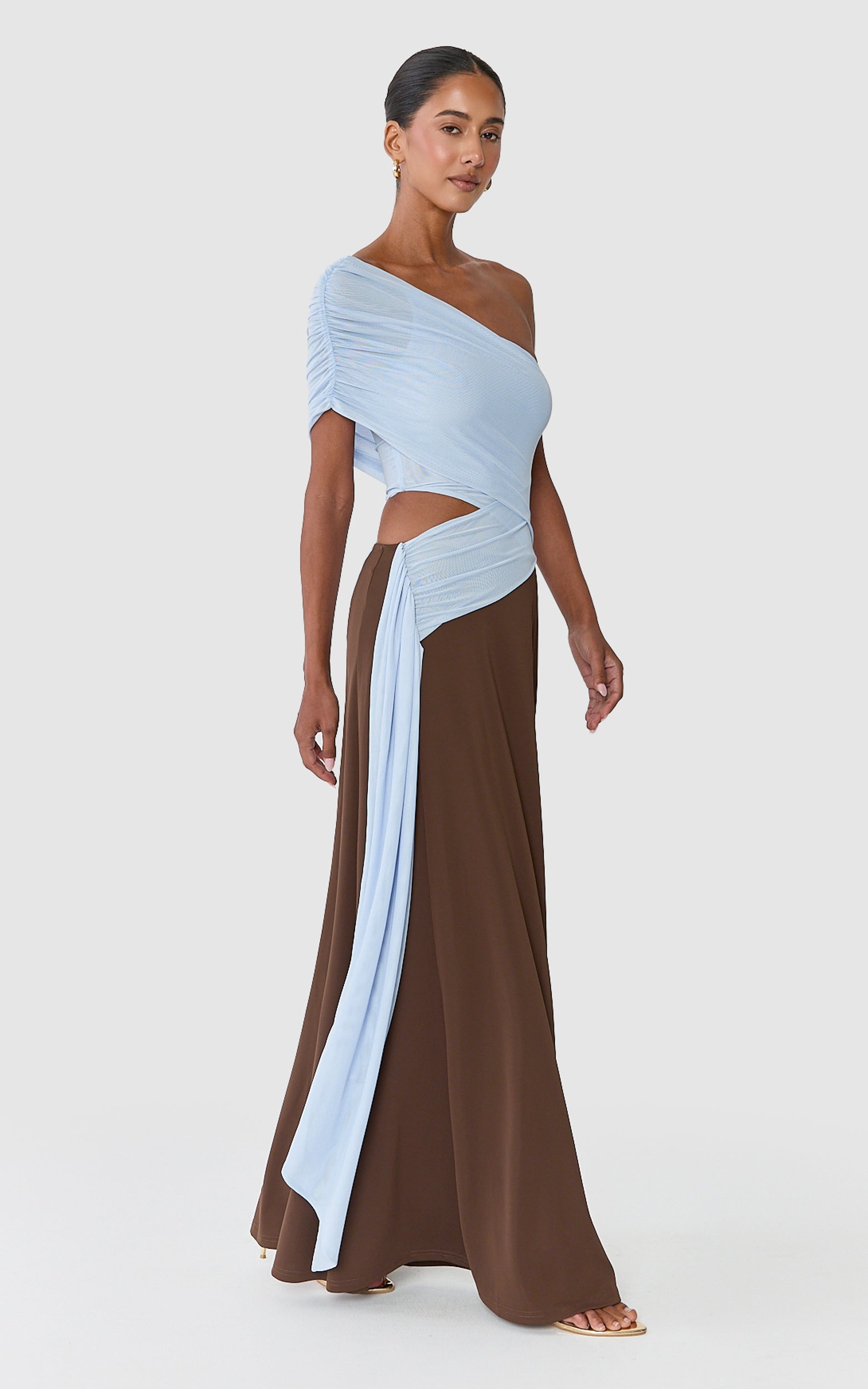 Arielle Maxi Dress - One Shoulder Sash Detail Cut Out Colour Block Dress in Blue/Chocolate Contrast - View 6