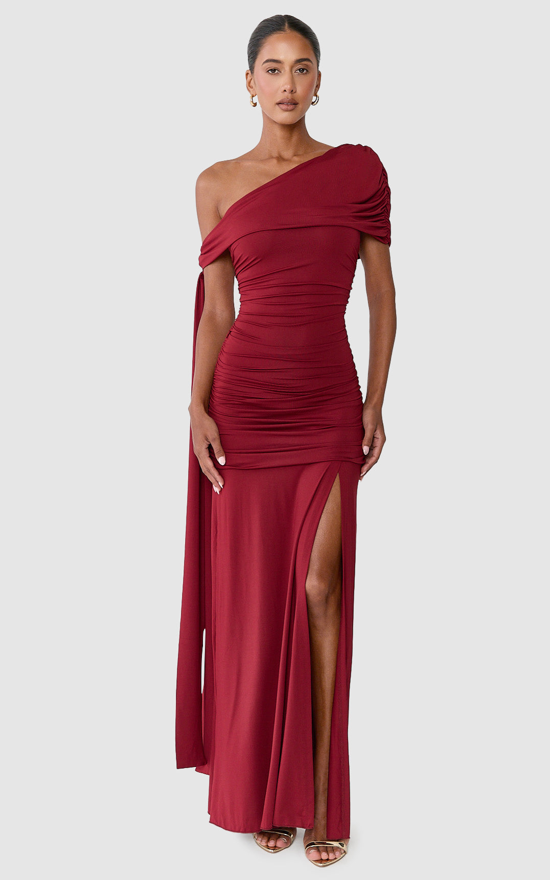 Bree Maxi Dress - Cape Tie Off Shoulder Fit And Flare Dress in Wine - View 3