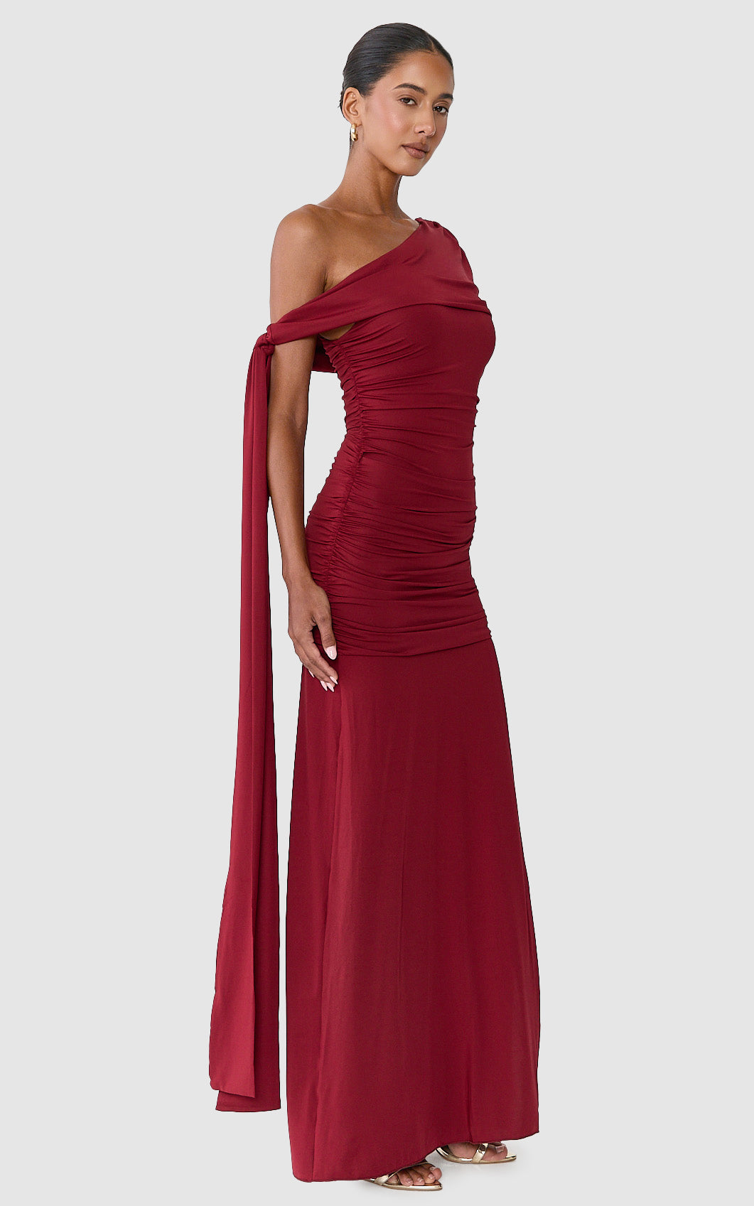 Bree Maxi Dress - Cape Tie Off Shoulder Fit And Flare Dress in Wine - View 2
