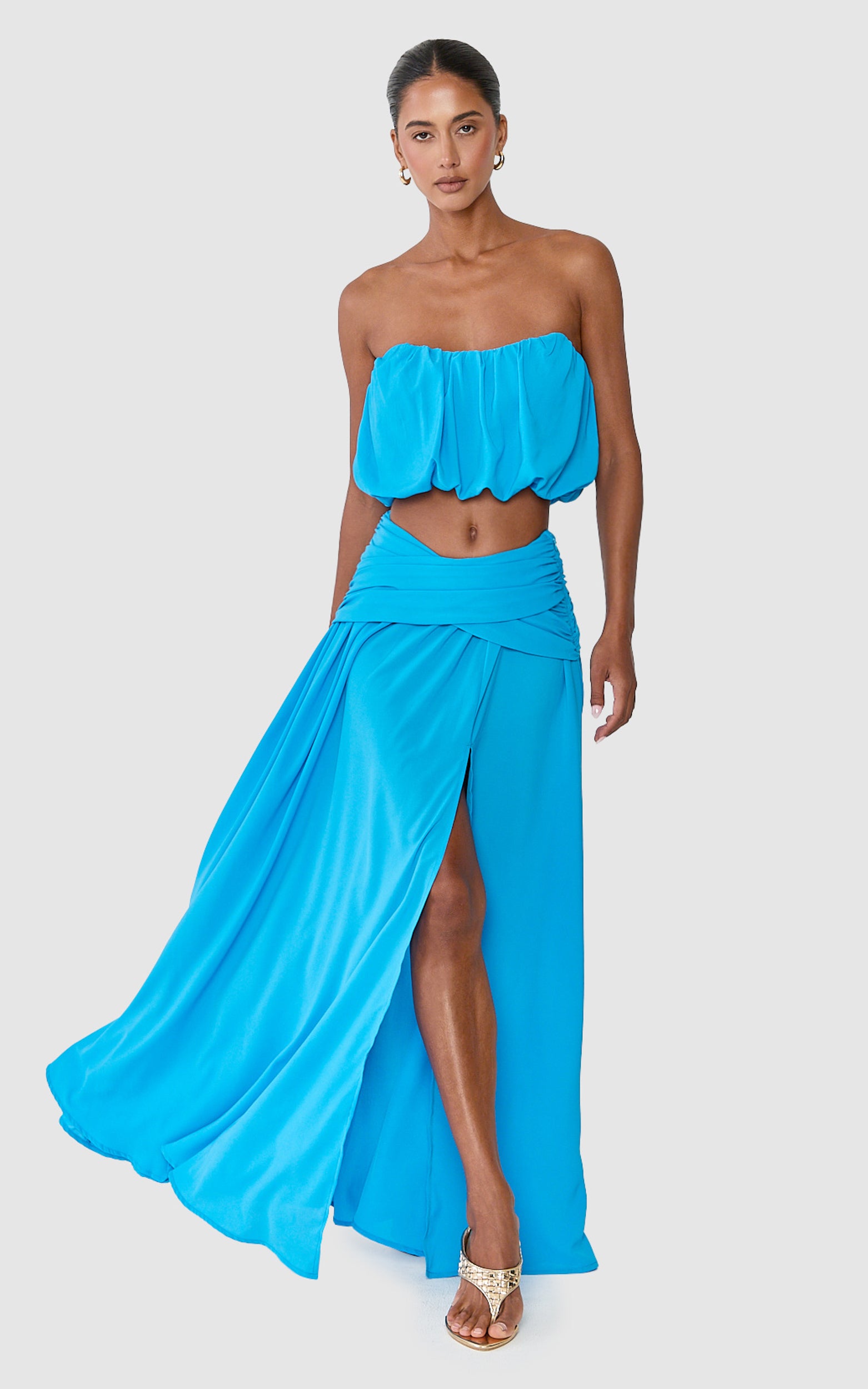 Naomi Maxi Skirt - Split Leg Wrap Waist Skirt in Blue - View 1