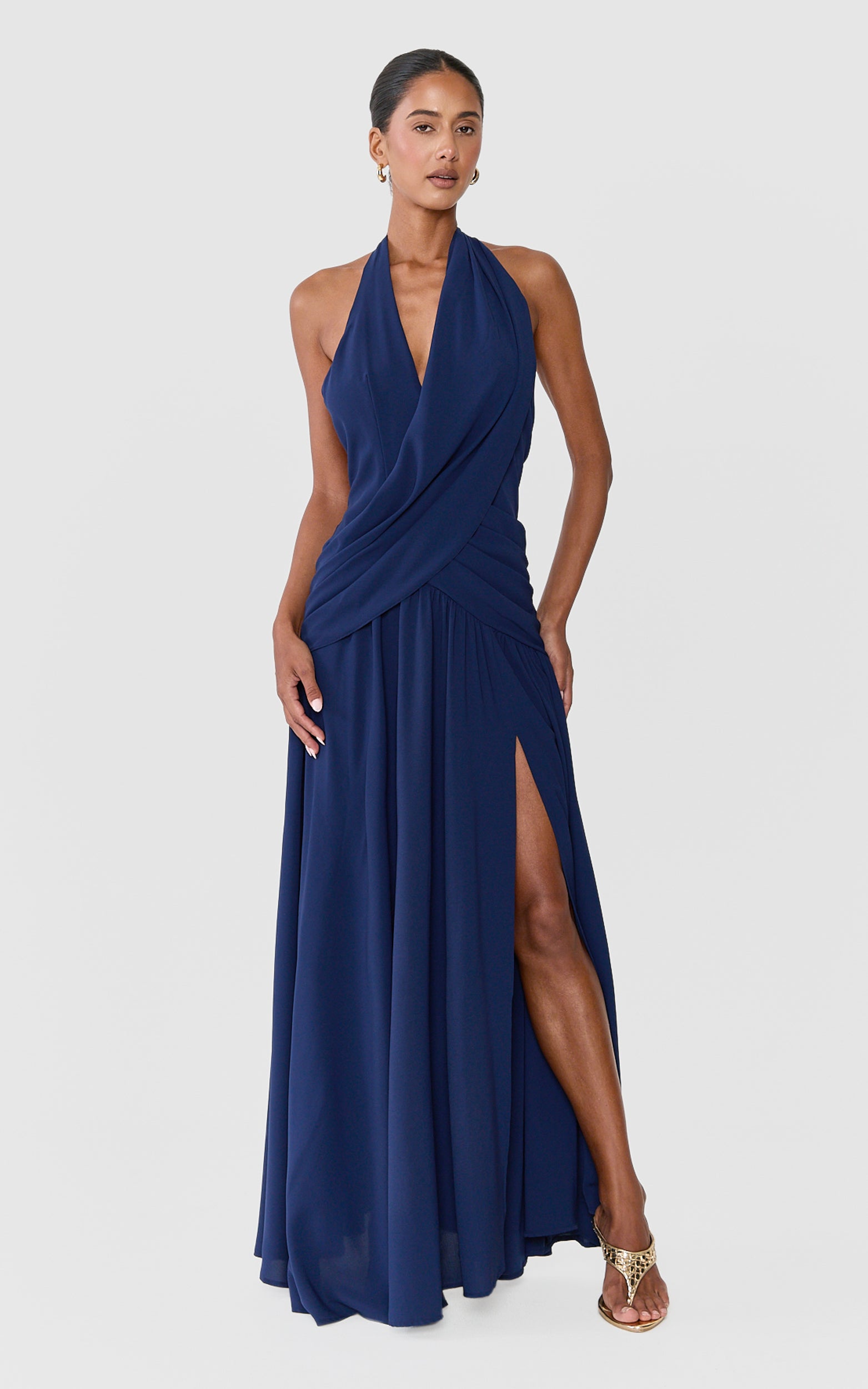 Yara Maxi Dress - Draped Halter Neck Backless Dress in Navy - View 4