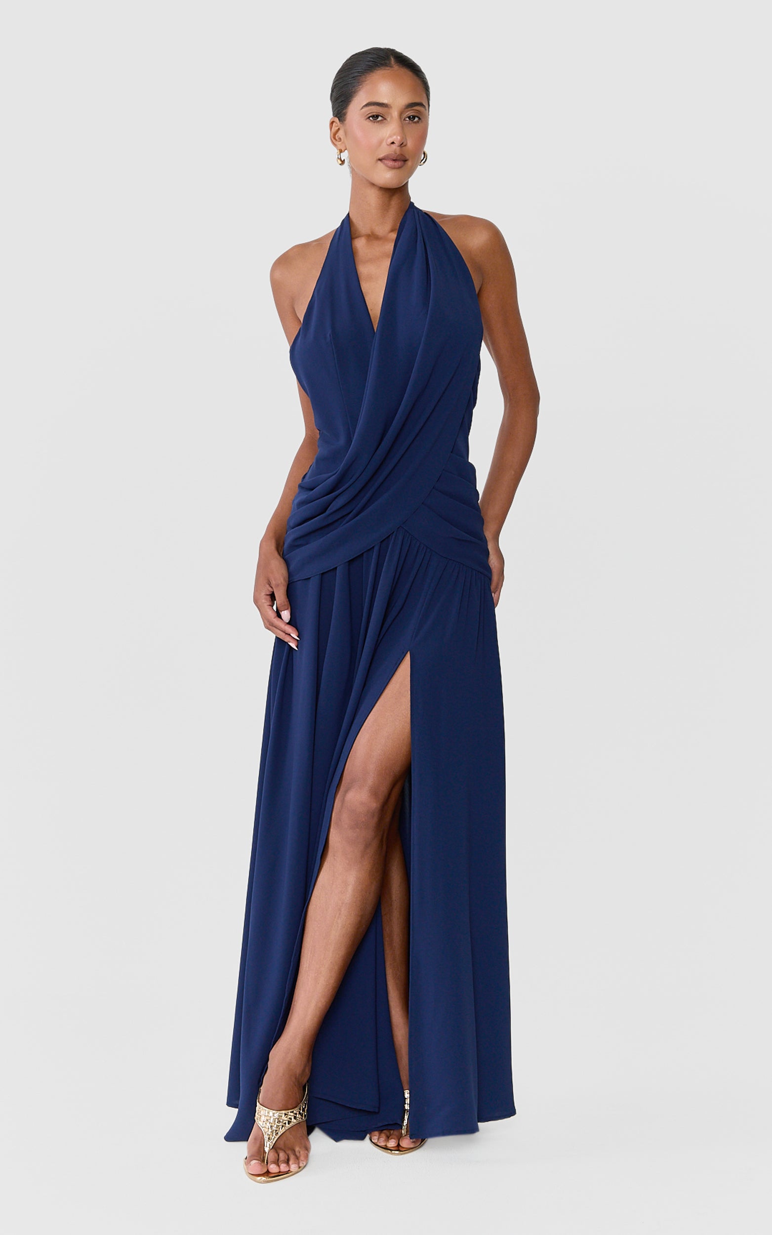 Yara Maxi Dress - Draped Halter Neck Backless Dress in Navy - View 5