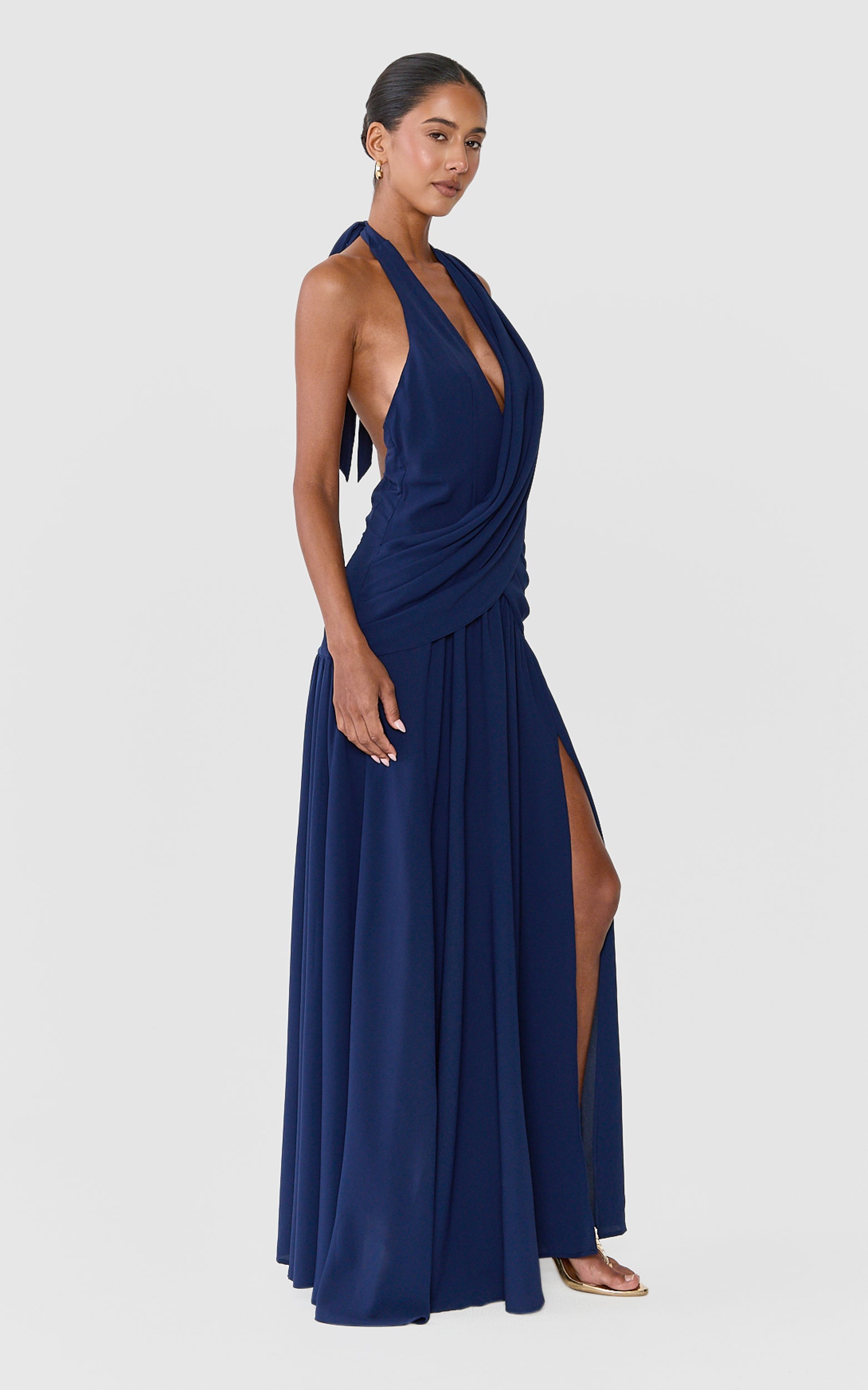 Yara Maxi Dress - Draped Halter Neck Backless Dress in Navy - View 6