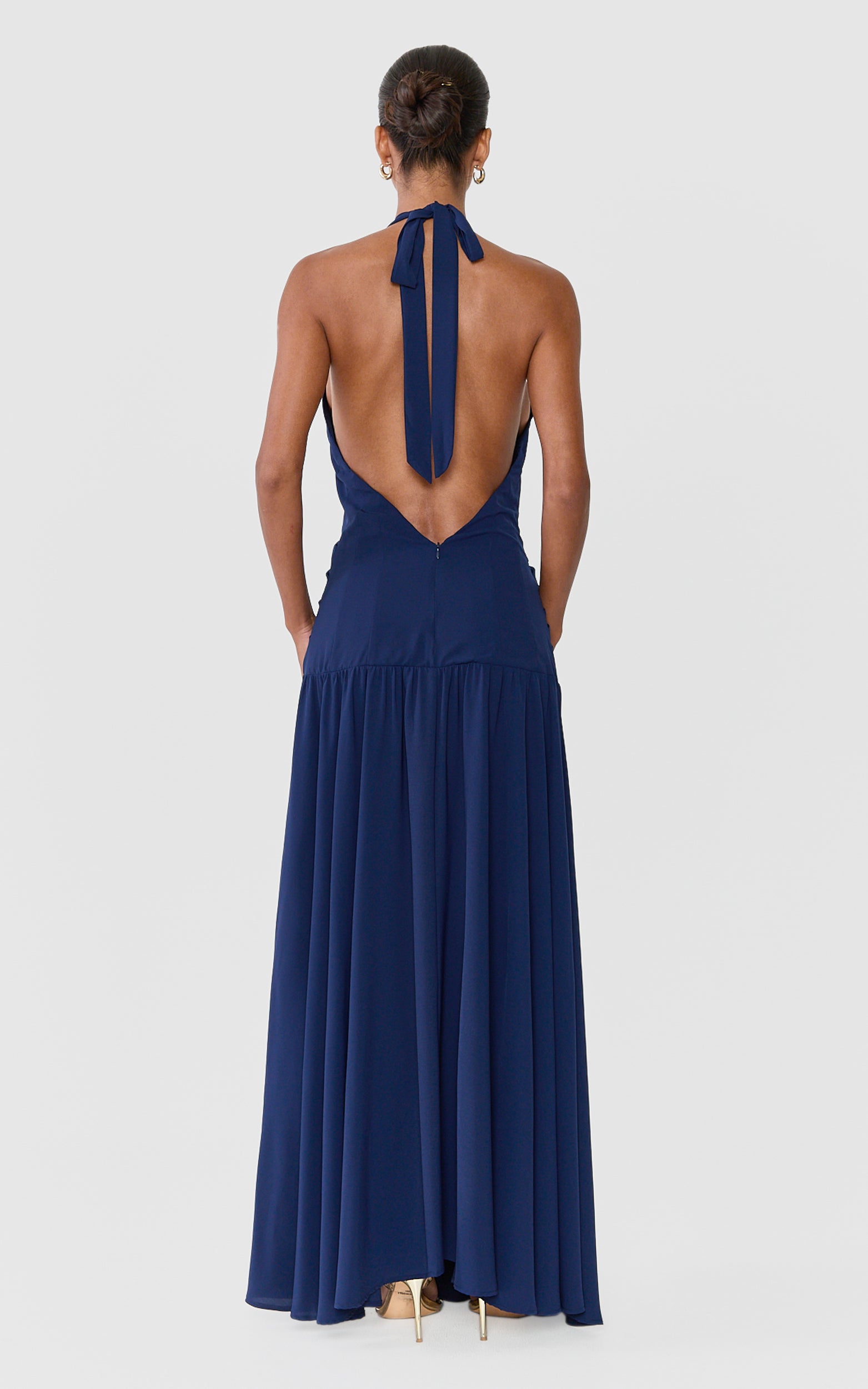 Yara Maxi Dress - Draped Halter Neck Backless Dress in Navy - View 7