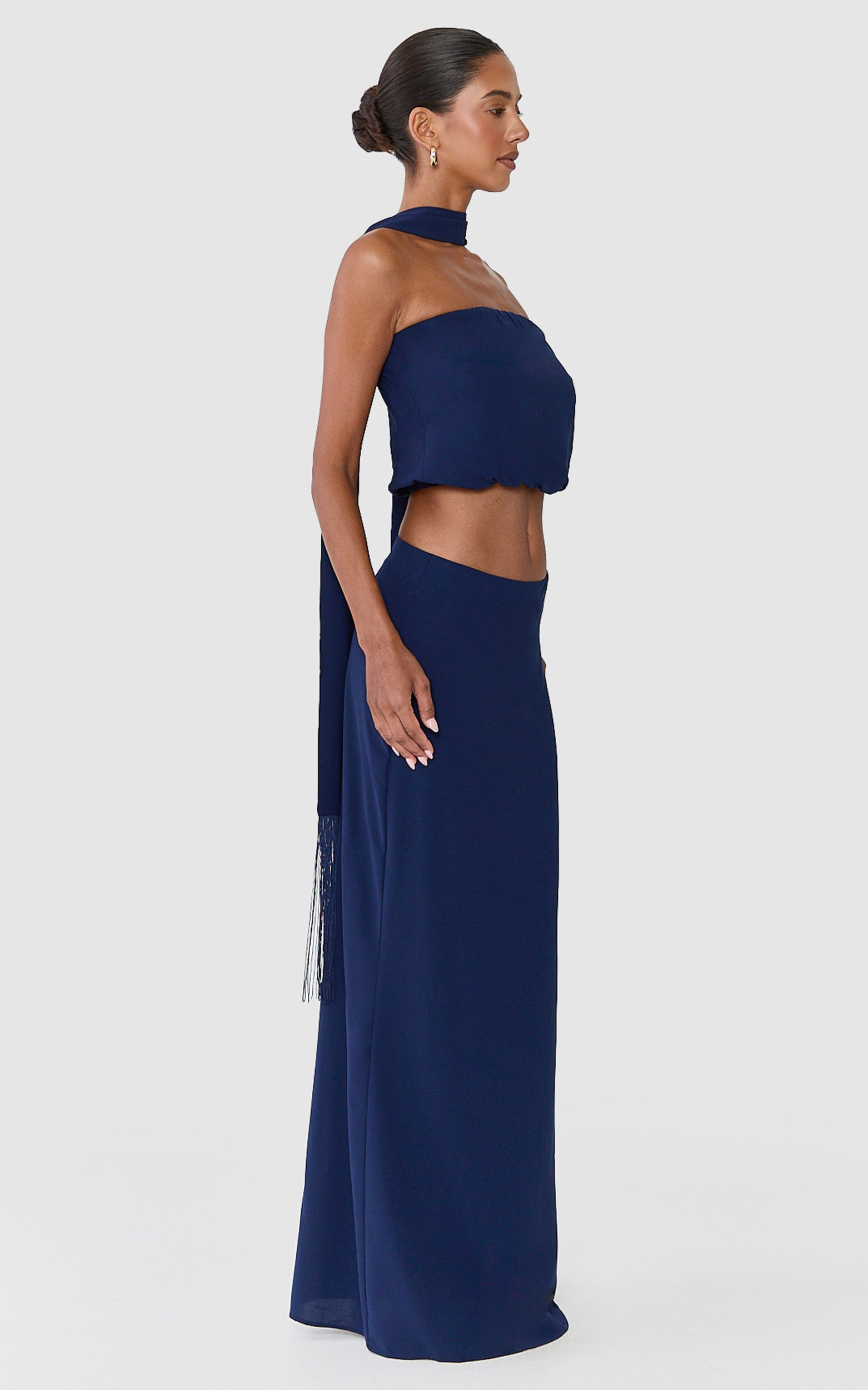 Yara Two Piece Set - Strapless Top And Maxi Column Skirt With Fringe Trim Scarf Set in Navy - View 6