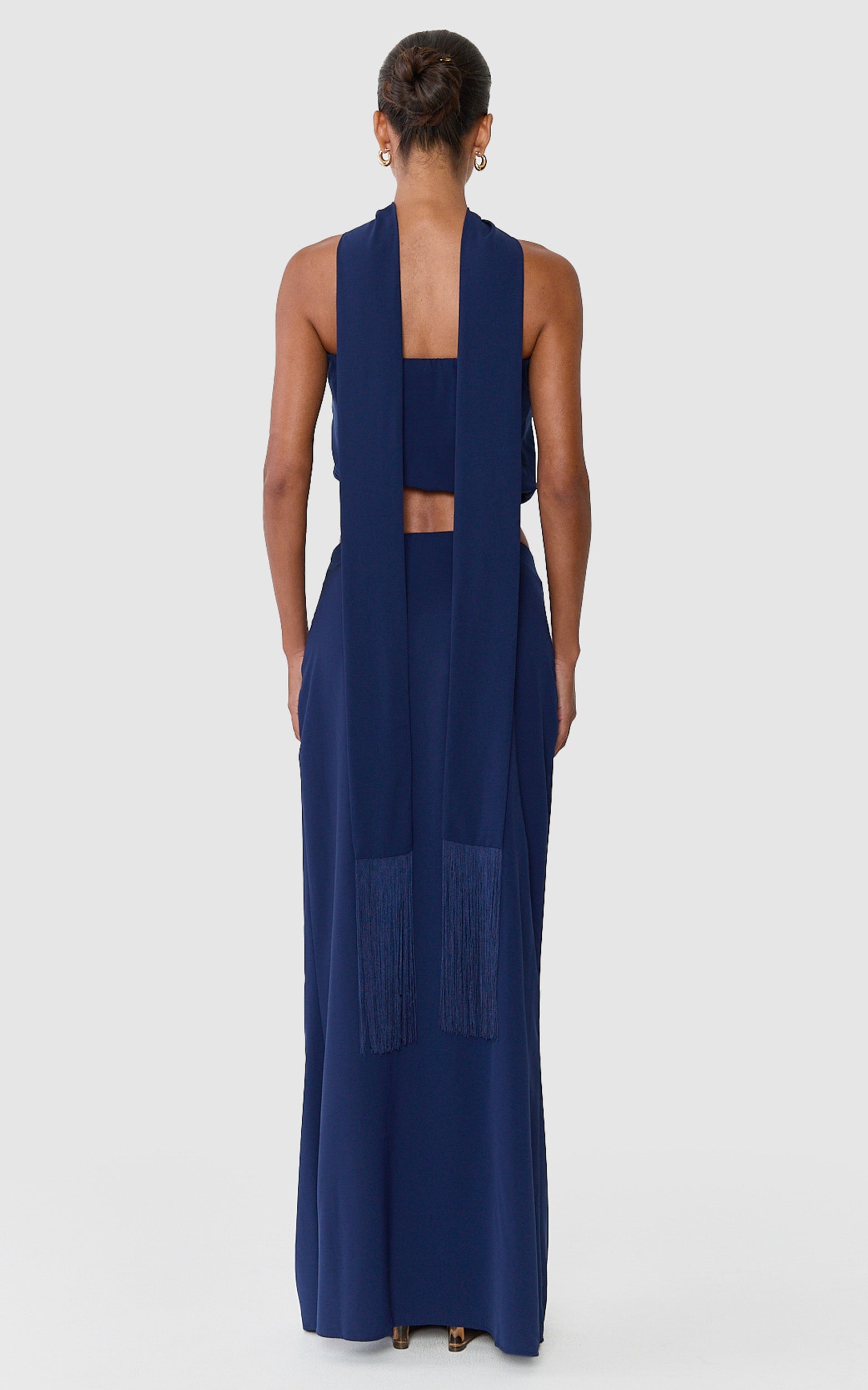Yara Two Piece Set - Strapless Top And Maxi Column Skirt With Fringe Trim Scarf Set in Navy - View 7