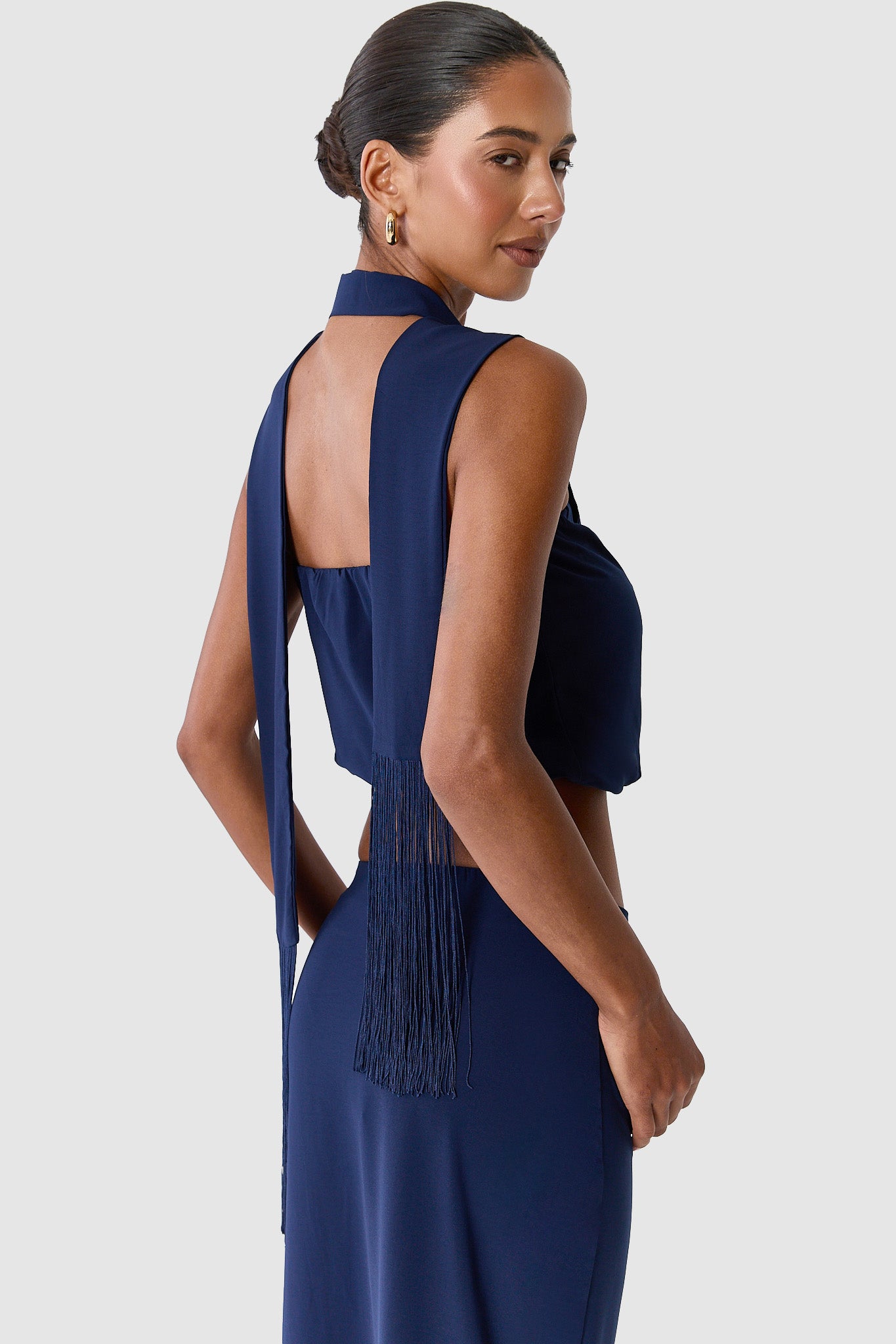 Yara Two Piece Set - Strapless Top And Maxi Column Skirt With Fringe Trim Scarf Set in Navy - View 8