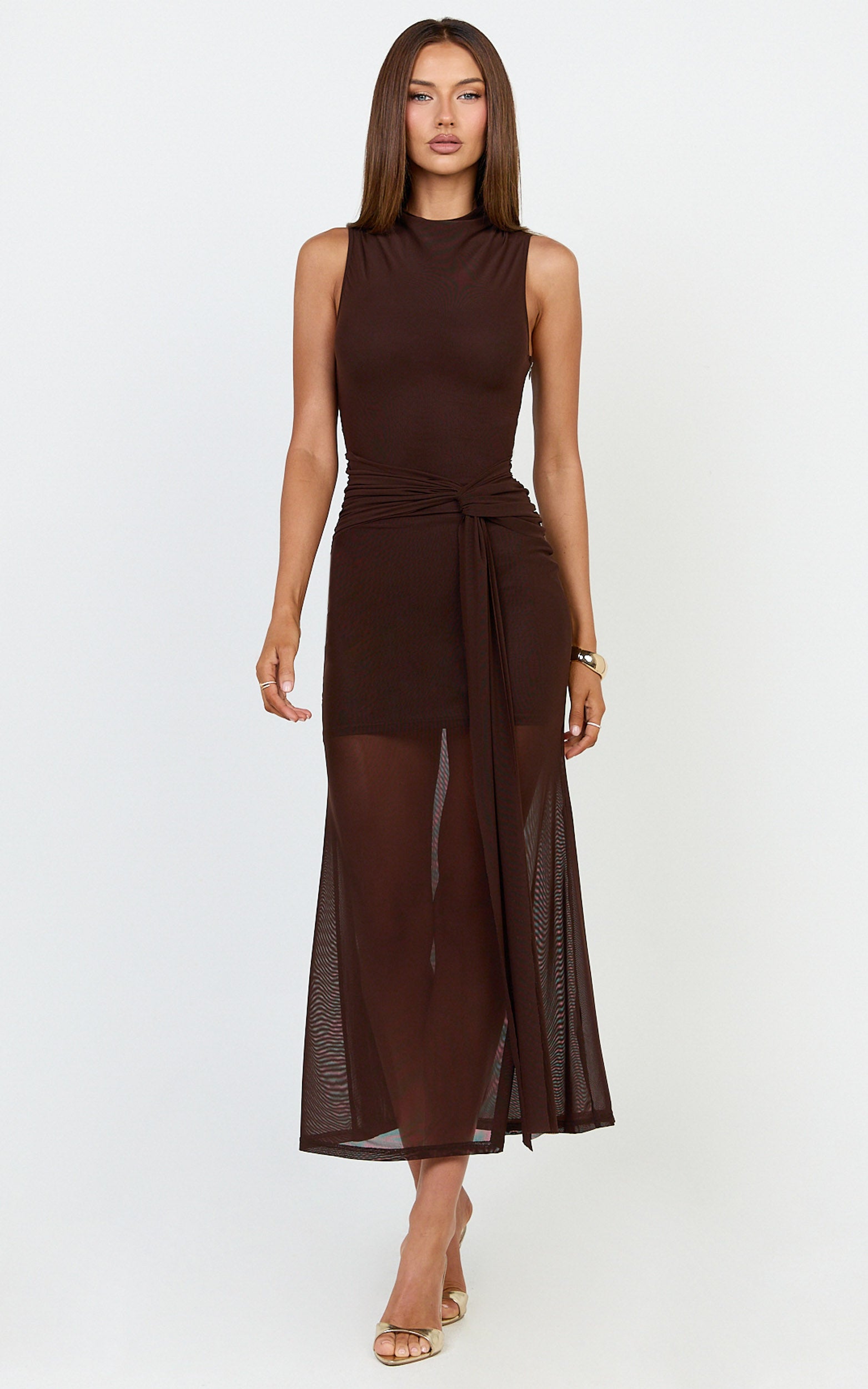 Jaimae Midi Dress - High Neck Side Knot Detail Mesh Dress in Chocolate - View 3