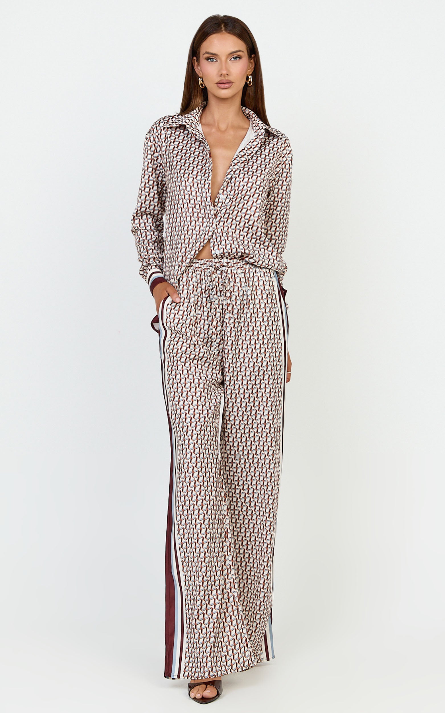 Noelle Top - Geo Border Print Button Front Long Sleeve Shirt in Geo Border Print - View 3