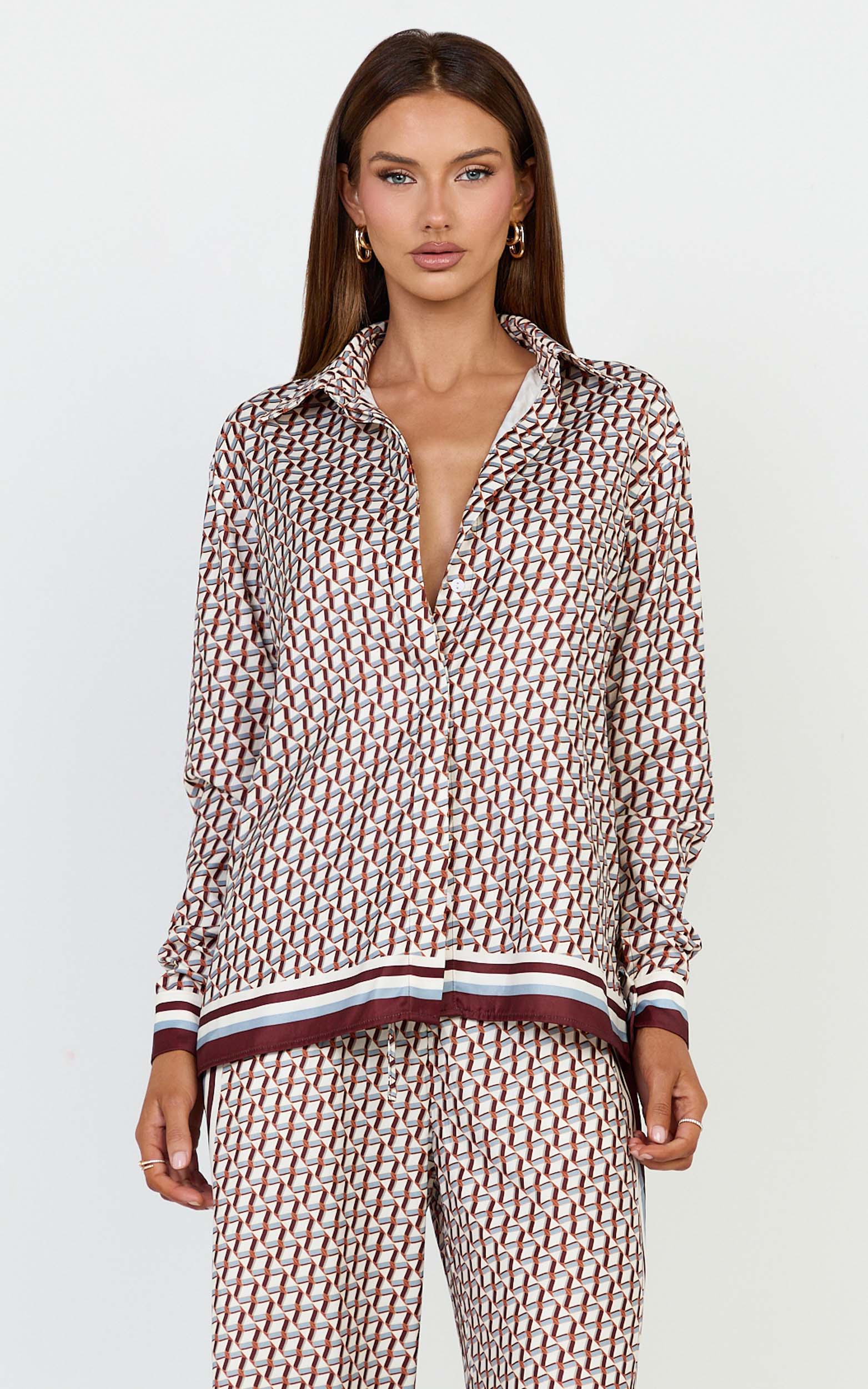 Noelle Top - Geo Border Print Button Front Long Sleeve Shirt in Geo Border Print - View 2