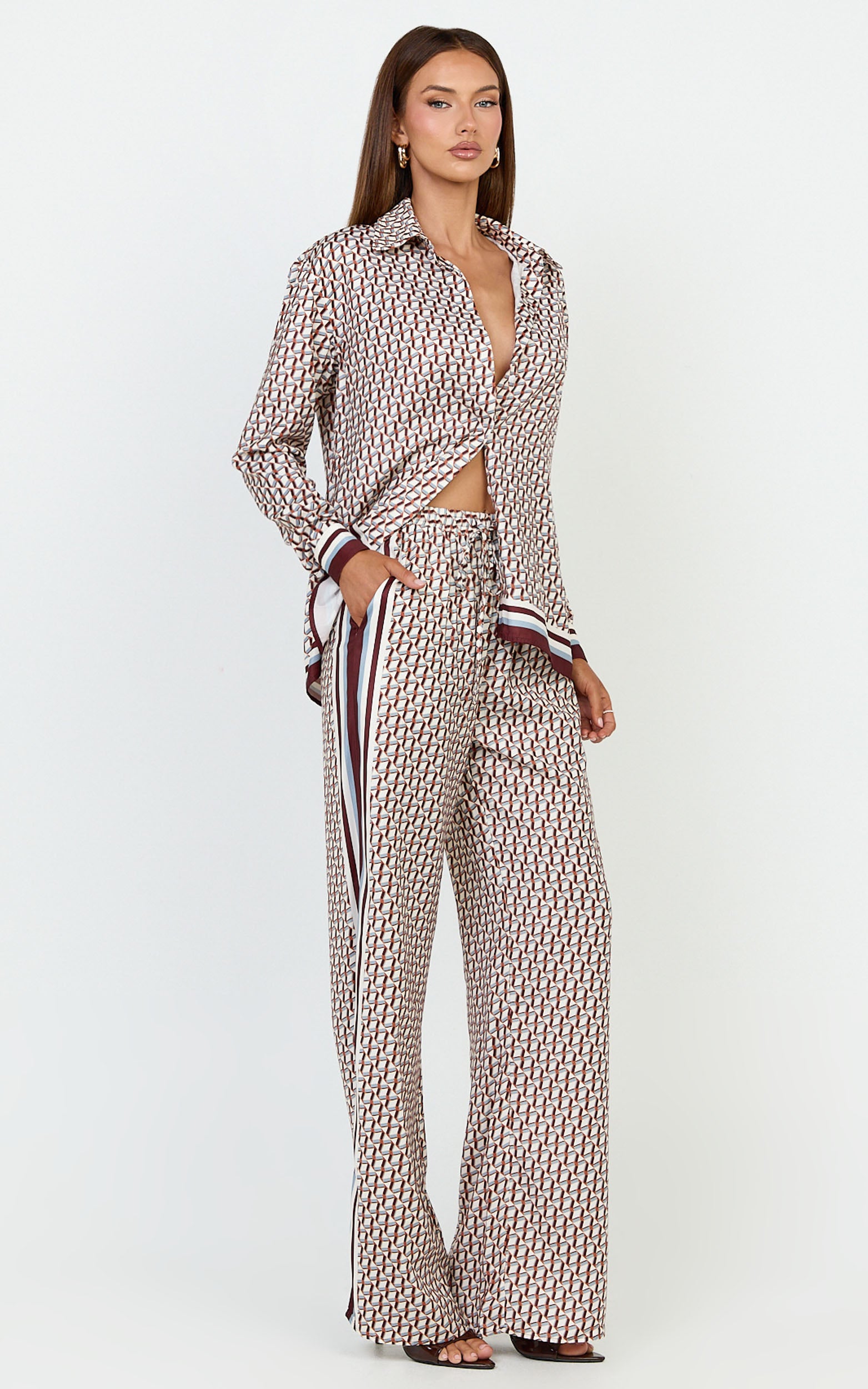 Noelle Top - Geo Border Print Button Front Long Sleeve Shirt in Geo Border Print - View 4