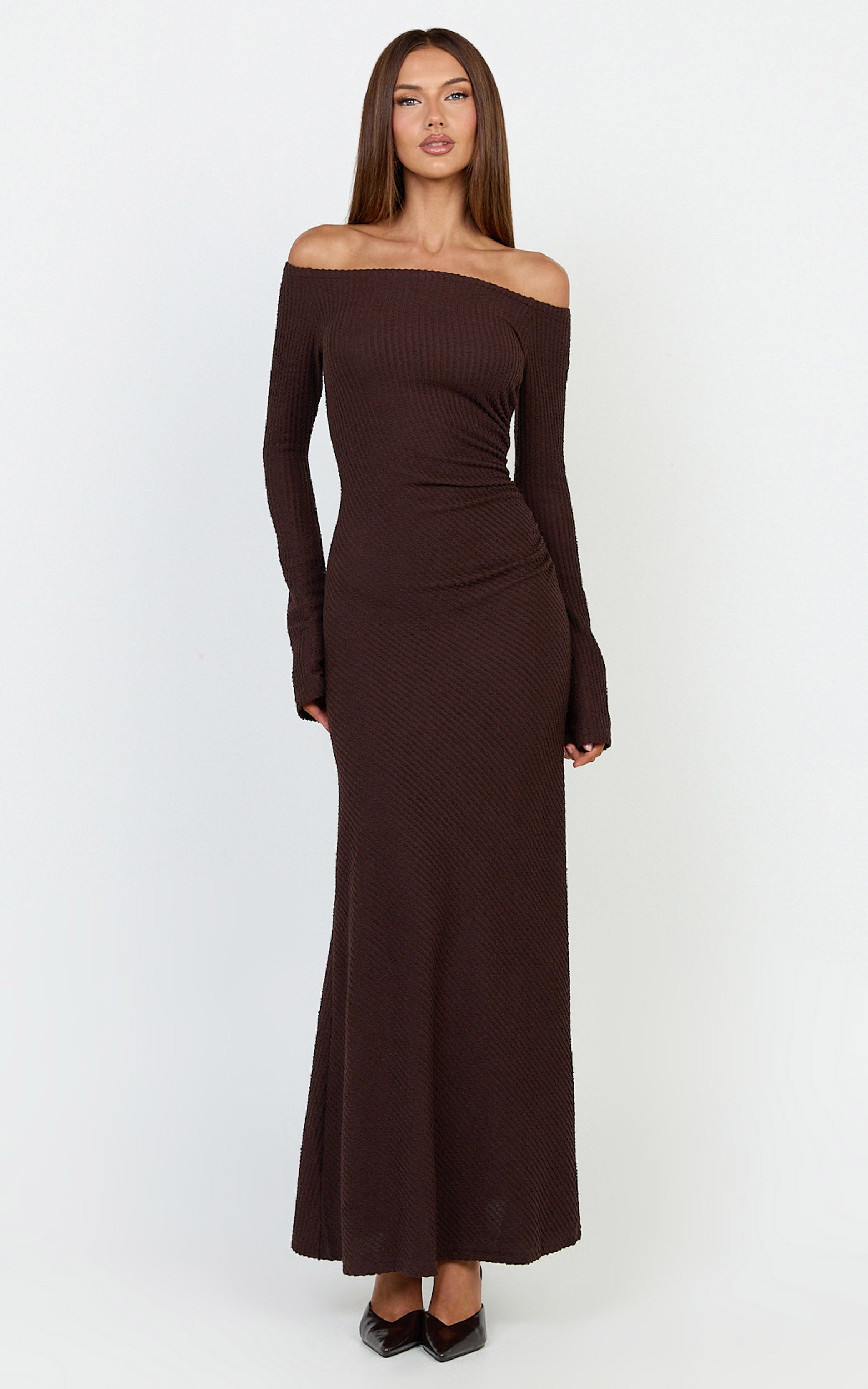Ayla Maxi Dress - Off Shoulder Flared Sleeve Bodycon Dress in Chocolate - View 4