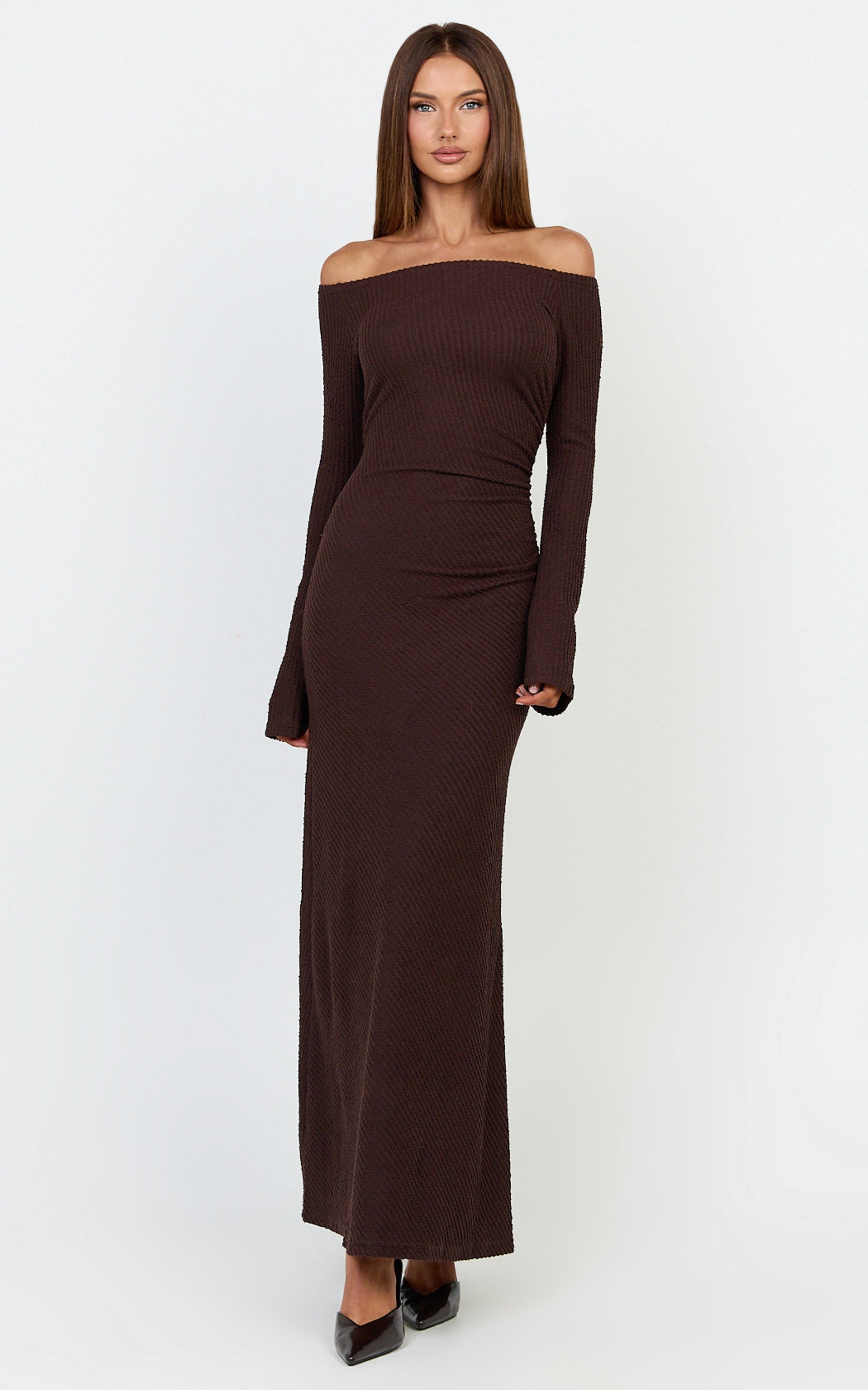 Ayla Maxi Dress - Off Shoulder Flared Sleeve Bodycon Dress in Chocolate - View 3
