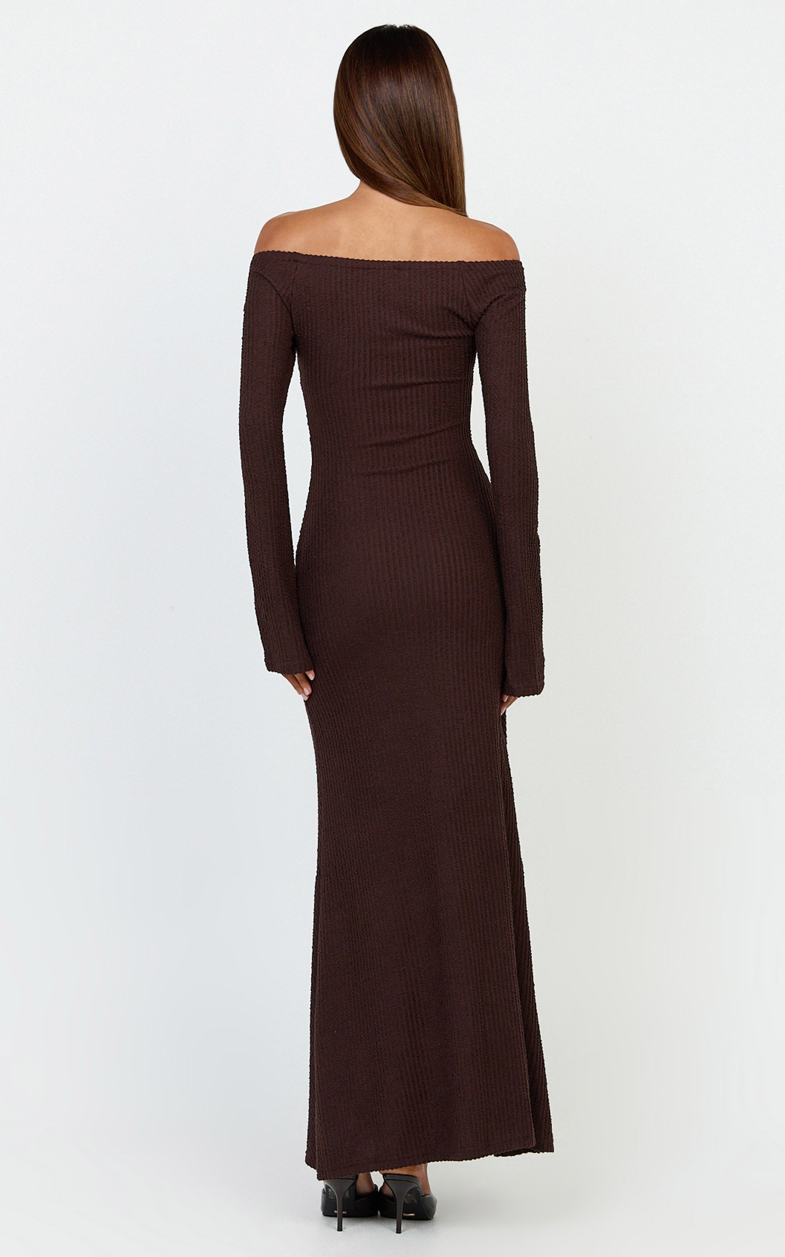 Ayla Maxi Dress - Off Shoulder Flared Sleeve Bodycon Dress in Chocolate - View 5