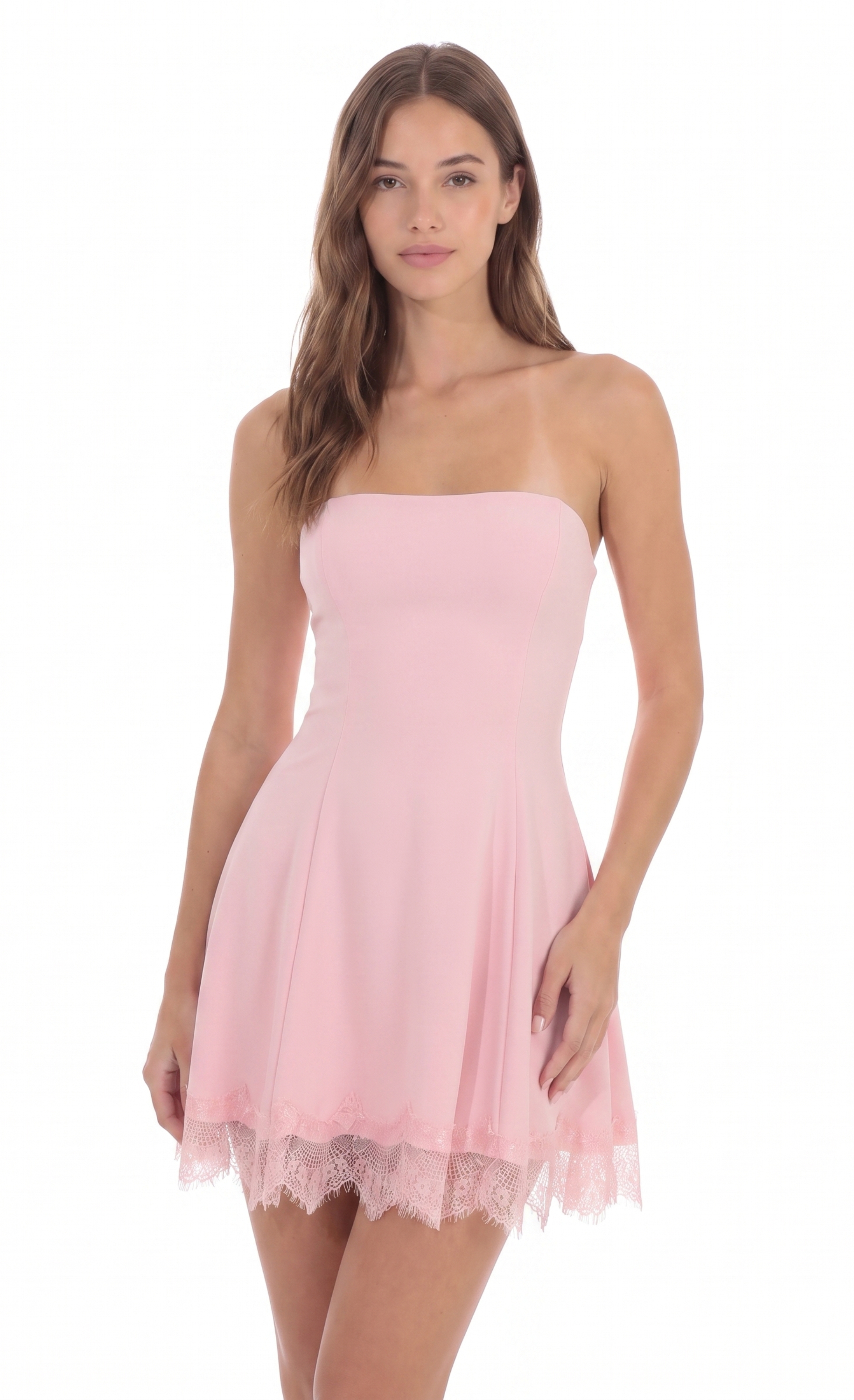 Strapless Dress with Lace-trim Hem in Pink - view 1