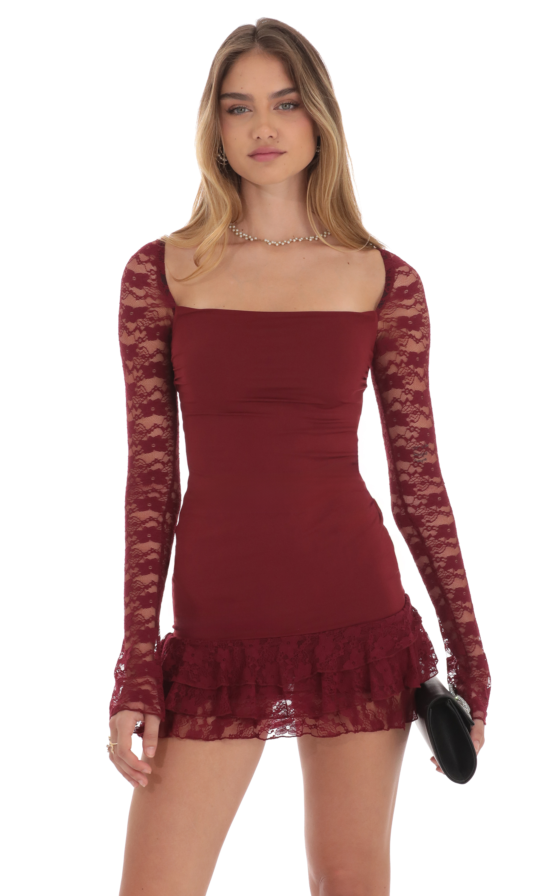 Lace Ruffle Bodycon Dress in Maroon - view 1