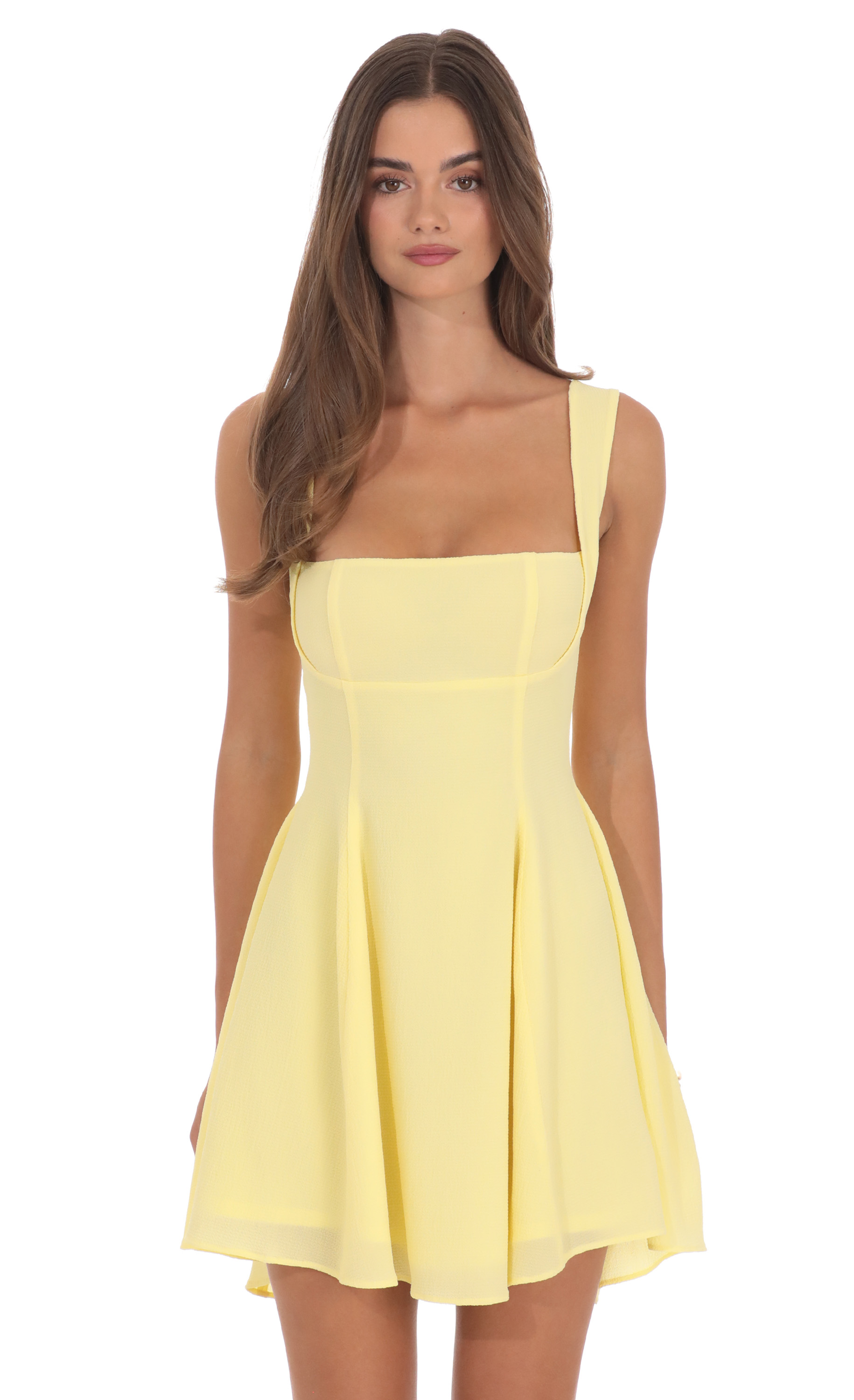 Back Bow Fit and Flare Dress in Pastel Yellow - View 1