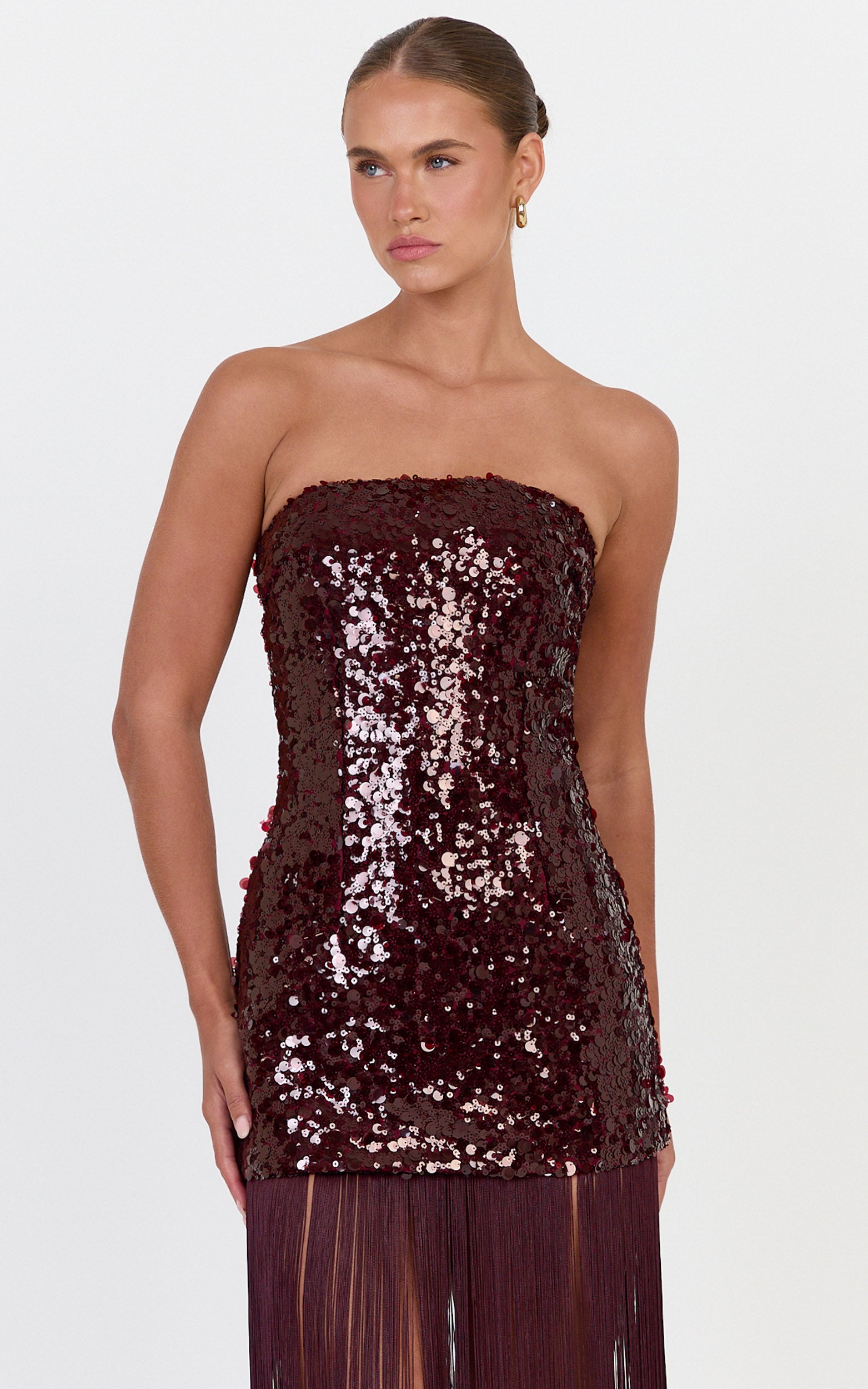 Amelia Maxi Dress - Strapless Sequin Dress With Fringe Skirt in Wine - View 5