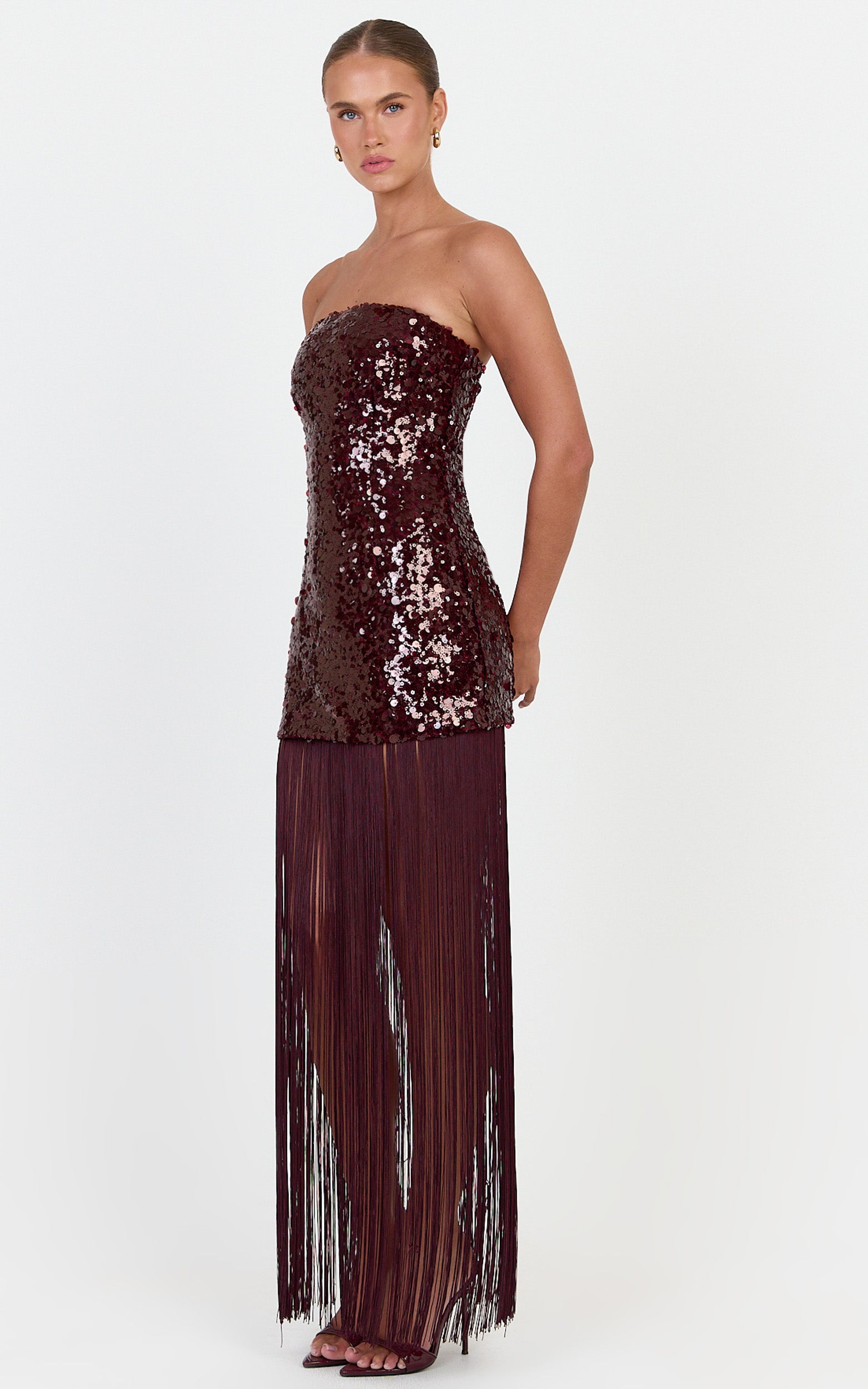 Amelia Maxi Dress - Strapless Sequin Dress With Fringe Skirt in Wine - View 7