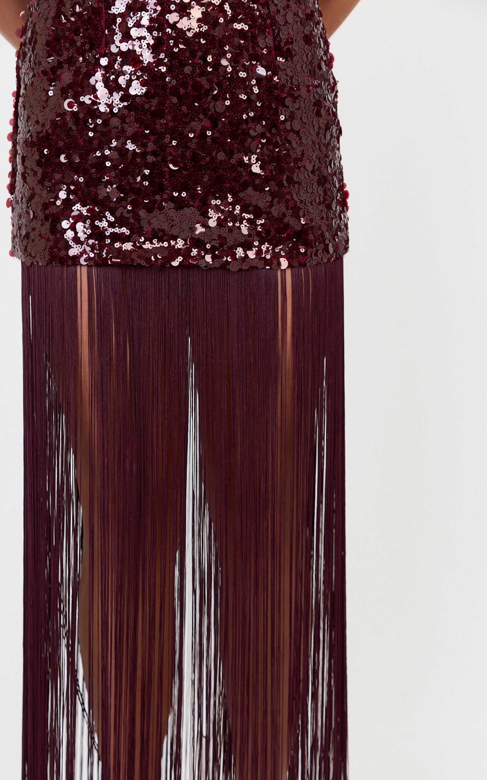 Amelia Maxi Dress - Strapless Sequin Dress With Fringe Skirt in Wine - View 9